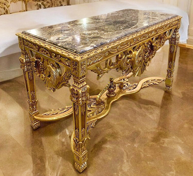 Luxurious French Baroque Marble Table | Gold Leaf | Ornate Console