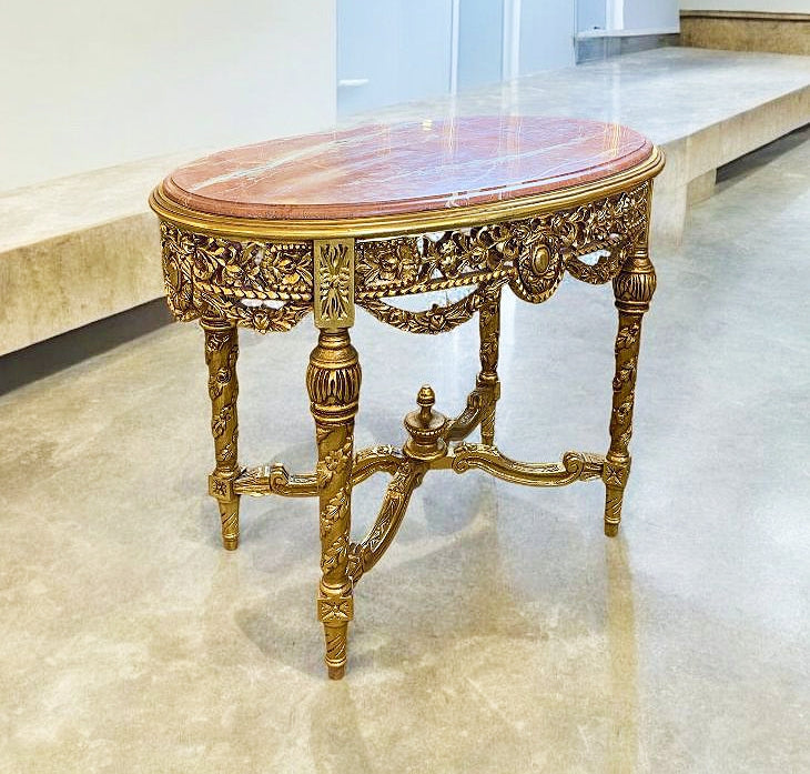 Coffee Table Coral Marble Topped French Style Gold Leaf Details Furniture