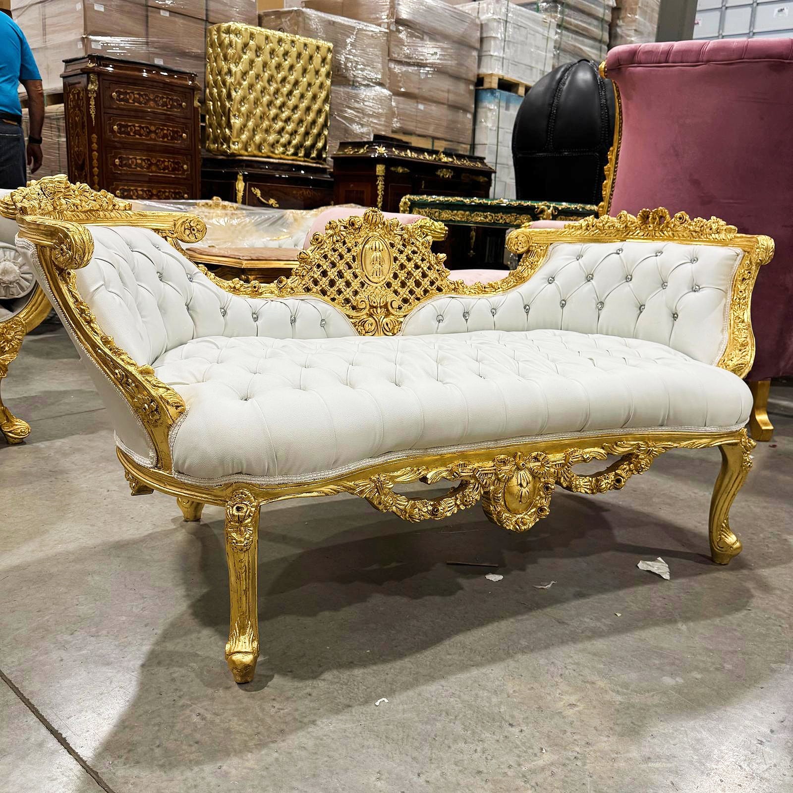 French Style White Tufted Settee Gold Details Interior Design Furniture