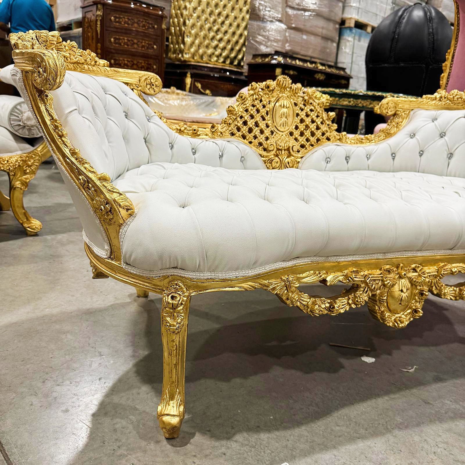 French Style White Tufted Settee Gold Details Interior Design Furniture