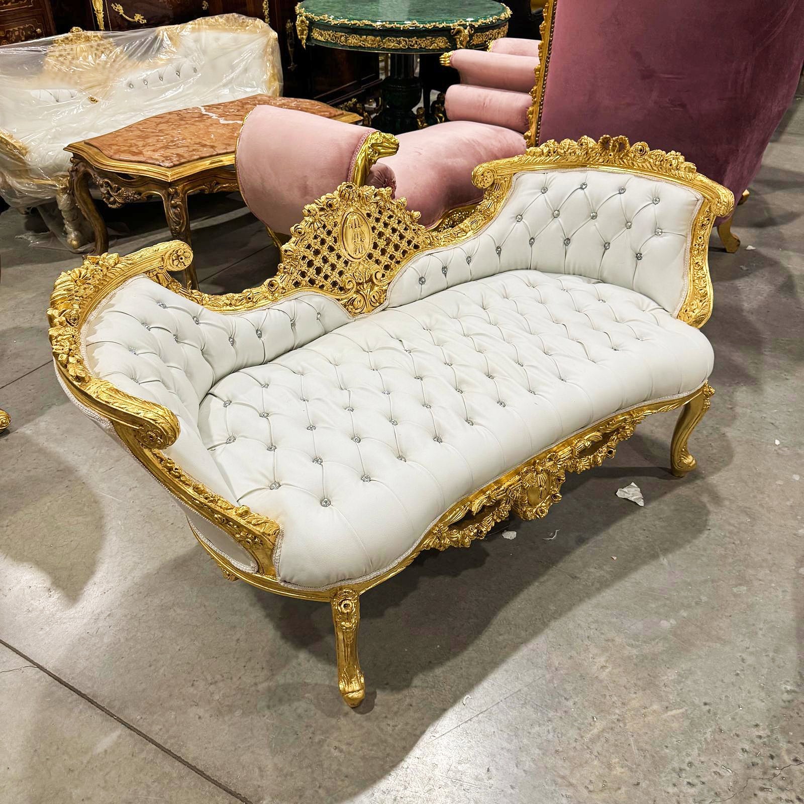 French Style White Tufted Settee Gold Details Interior Design Furniture