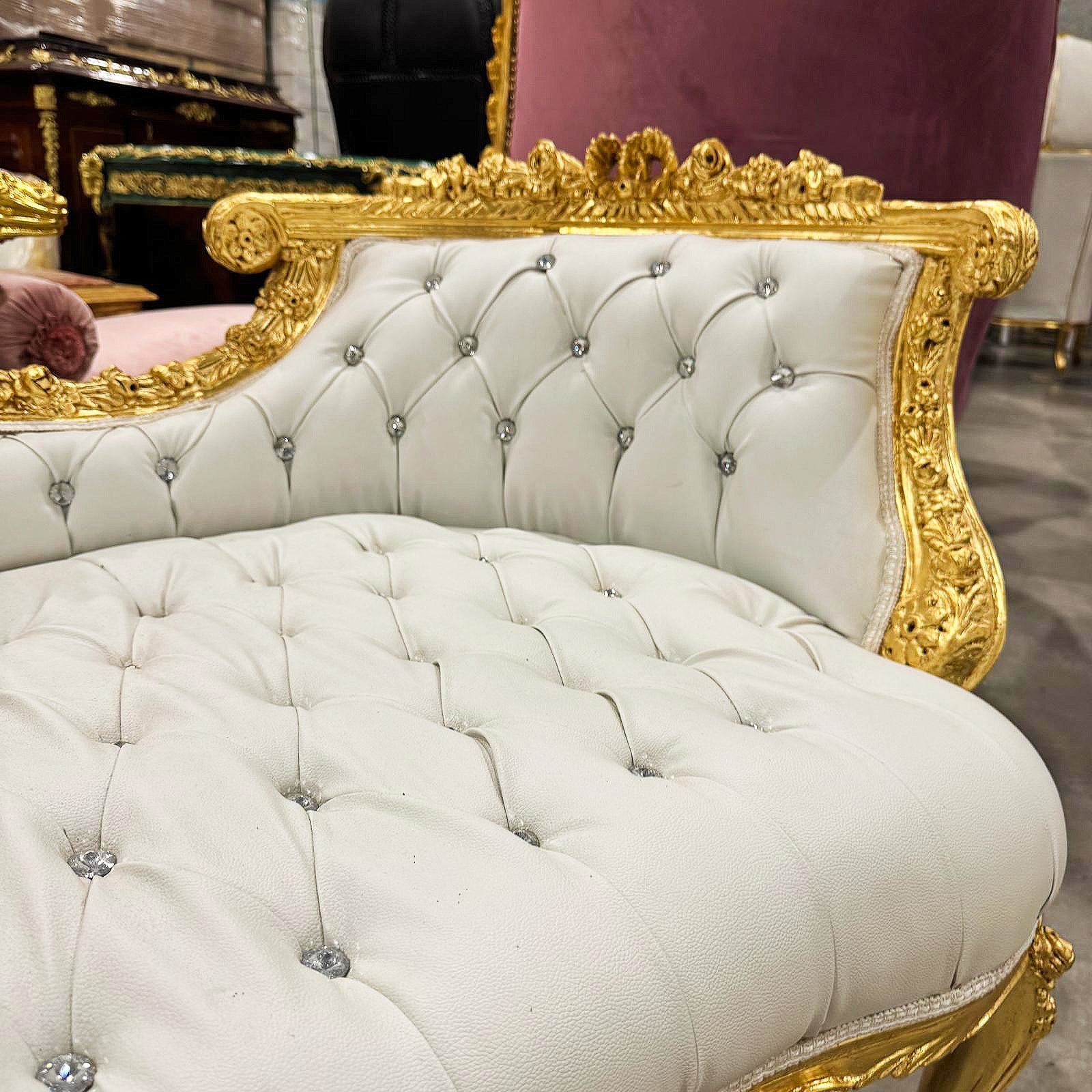 French Style White Tufted Settee Gold Details Interior Design Furniture