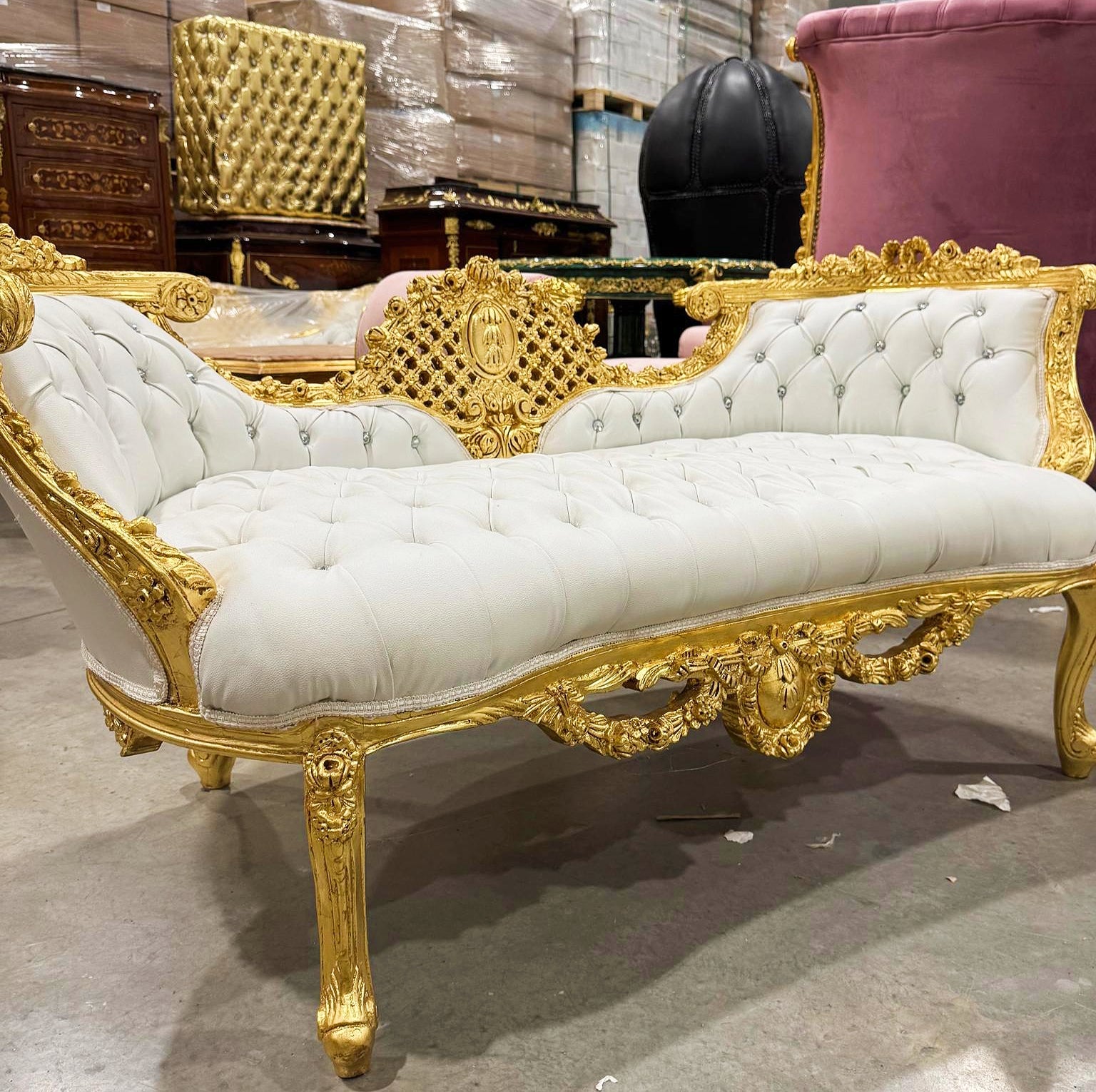 French Style White Tufted Settee Gold Details Interior Design Furniture