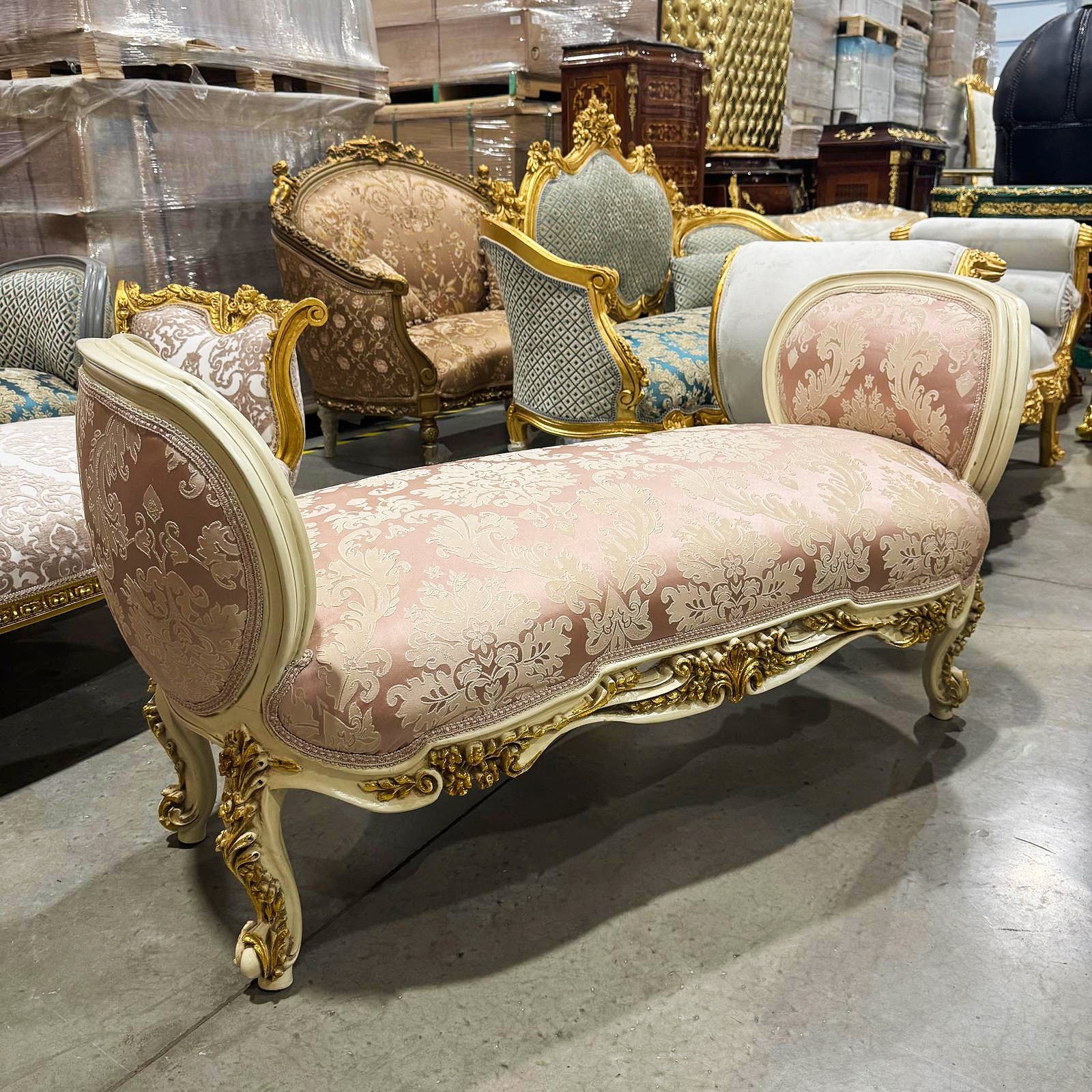 Marquis Bench French Style Pink and White Gold Details Interior Design Furniture