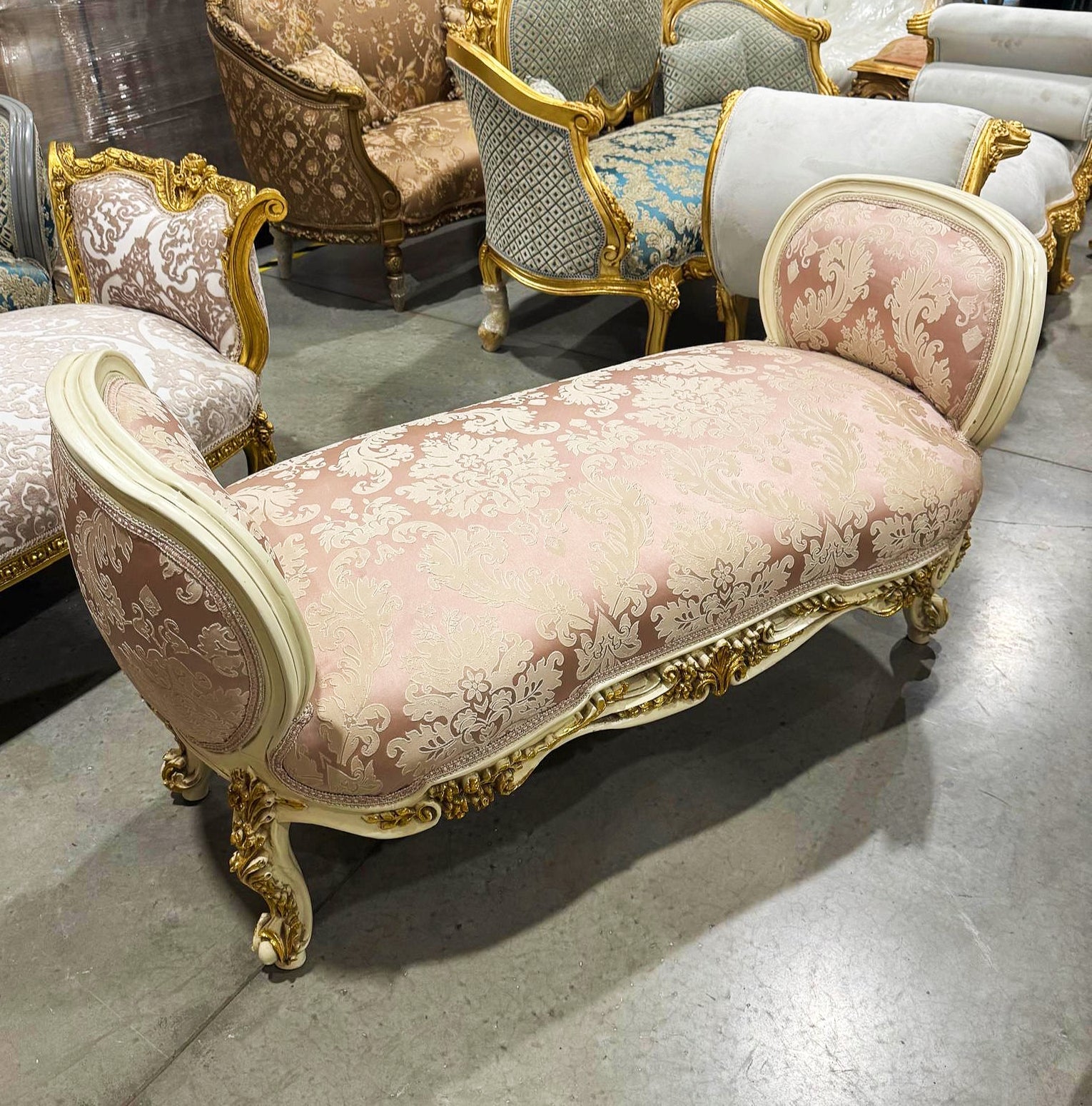 Marquis Bench French Style Pink and White Gold Details Interior Design Furniture