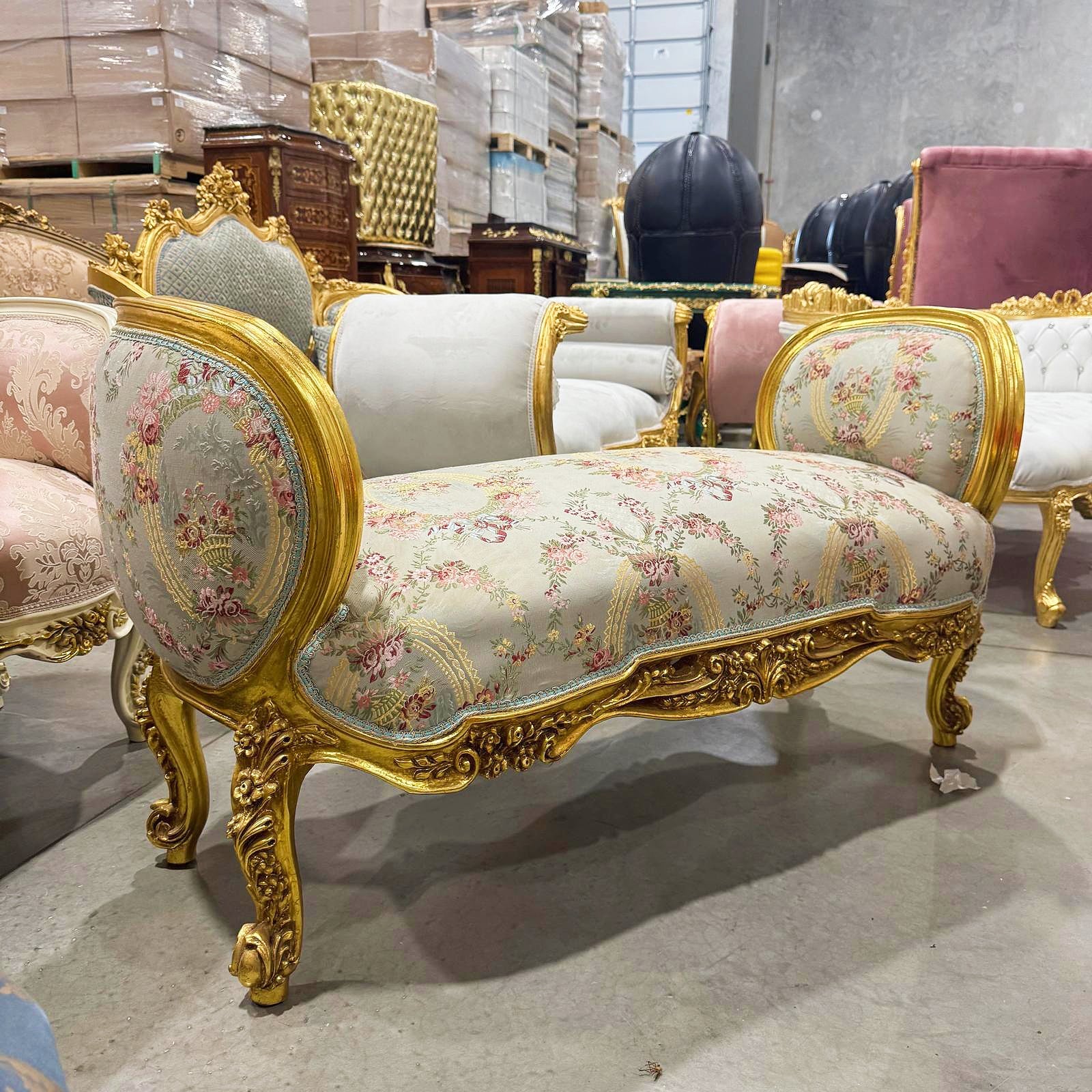 Marquis Bench French Style Sky Blue  Gold Details Interior Design Furniture