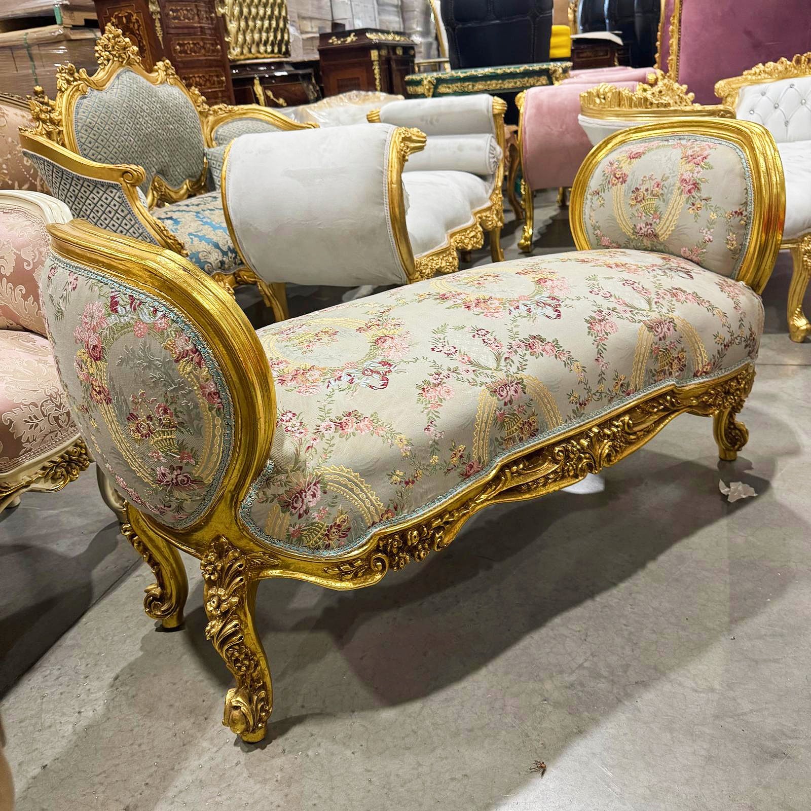 Marquis Bench French Style Sky Blue  Gold Details Interior Design Furniture