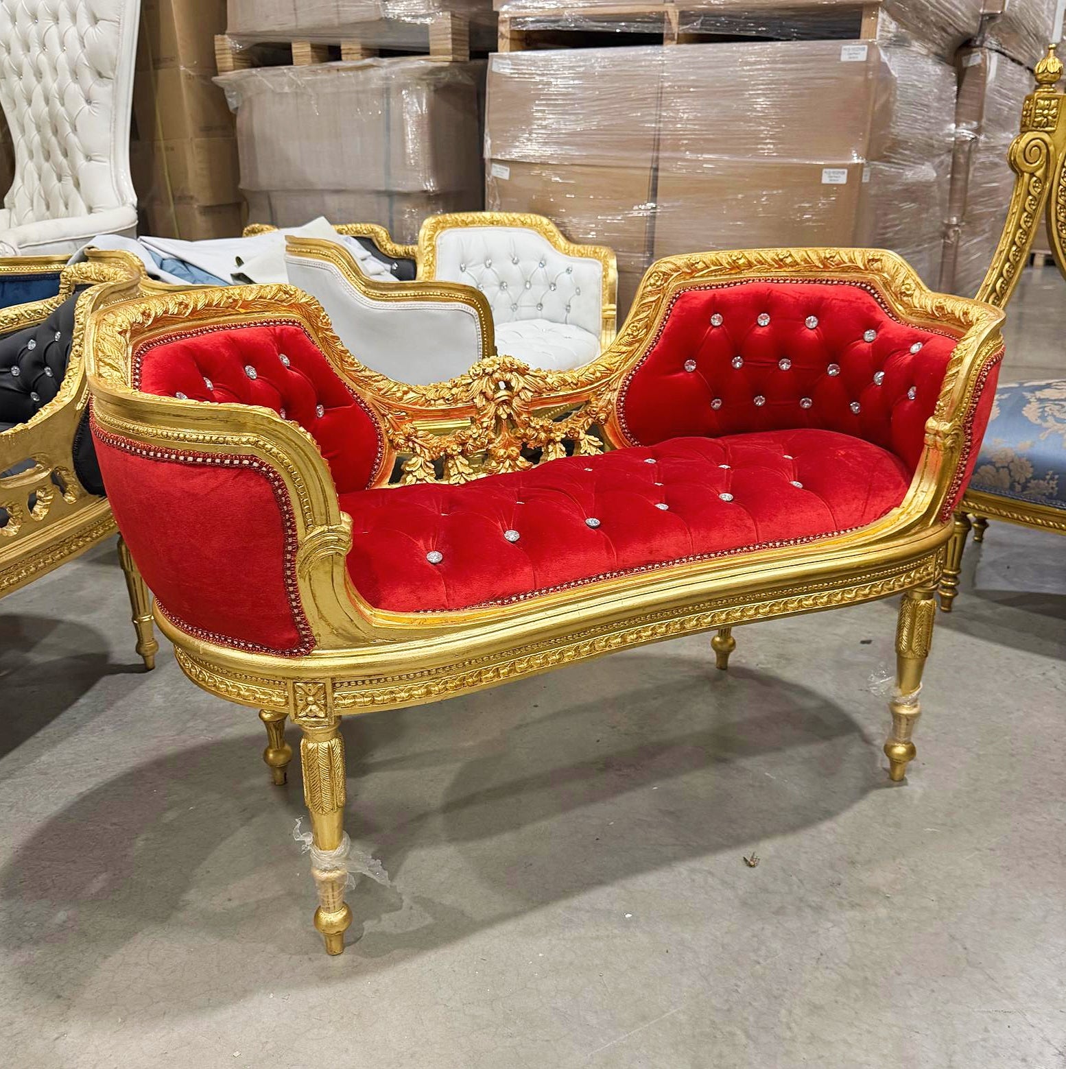 Tufted Bench Red Velvet French Style Gold Details Rococo Baroque Furniture