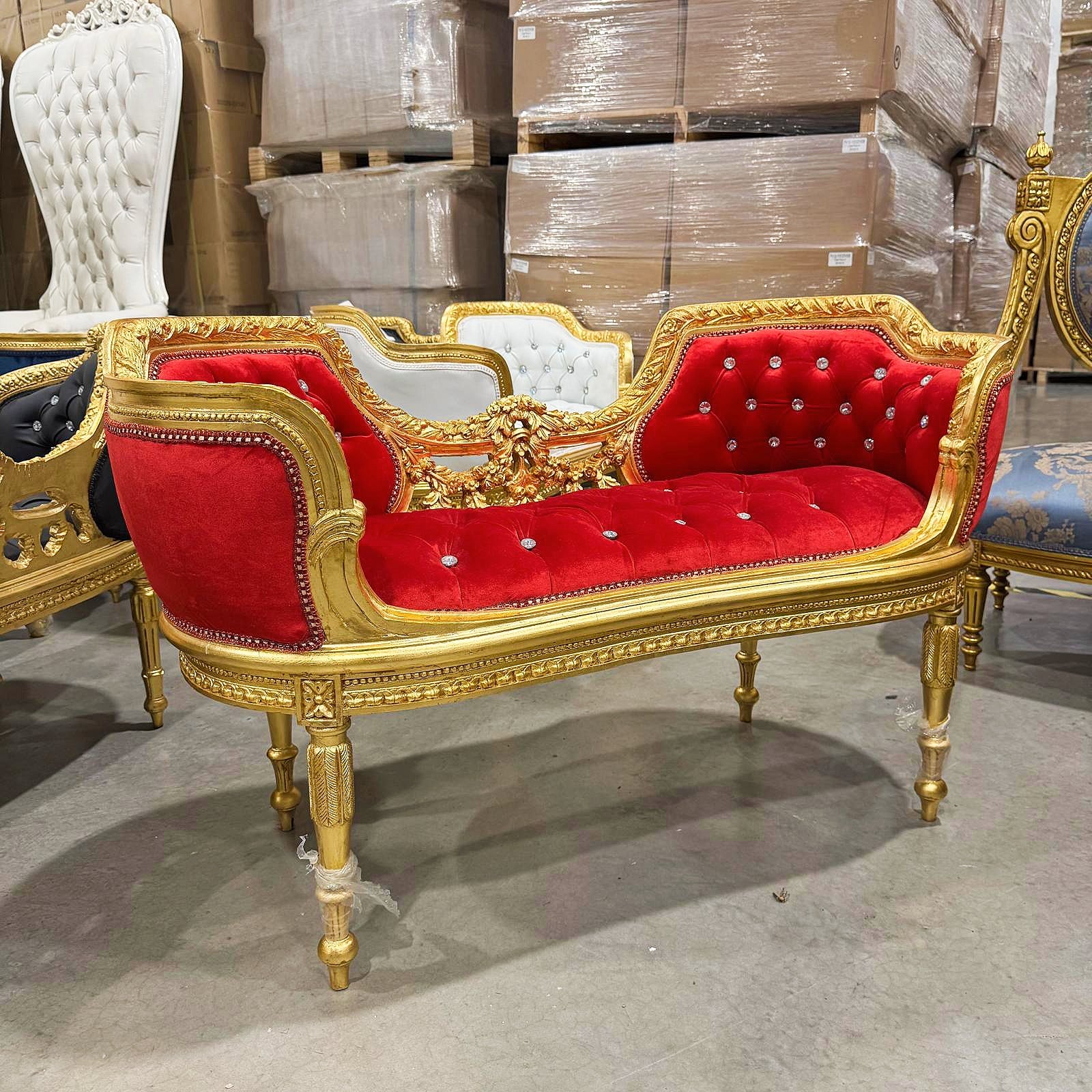 Tufted Bench Red Velvet French Style Gold Details Rococo Baroque Furniture