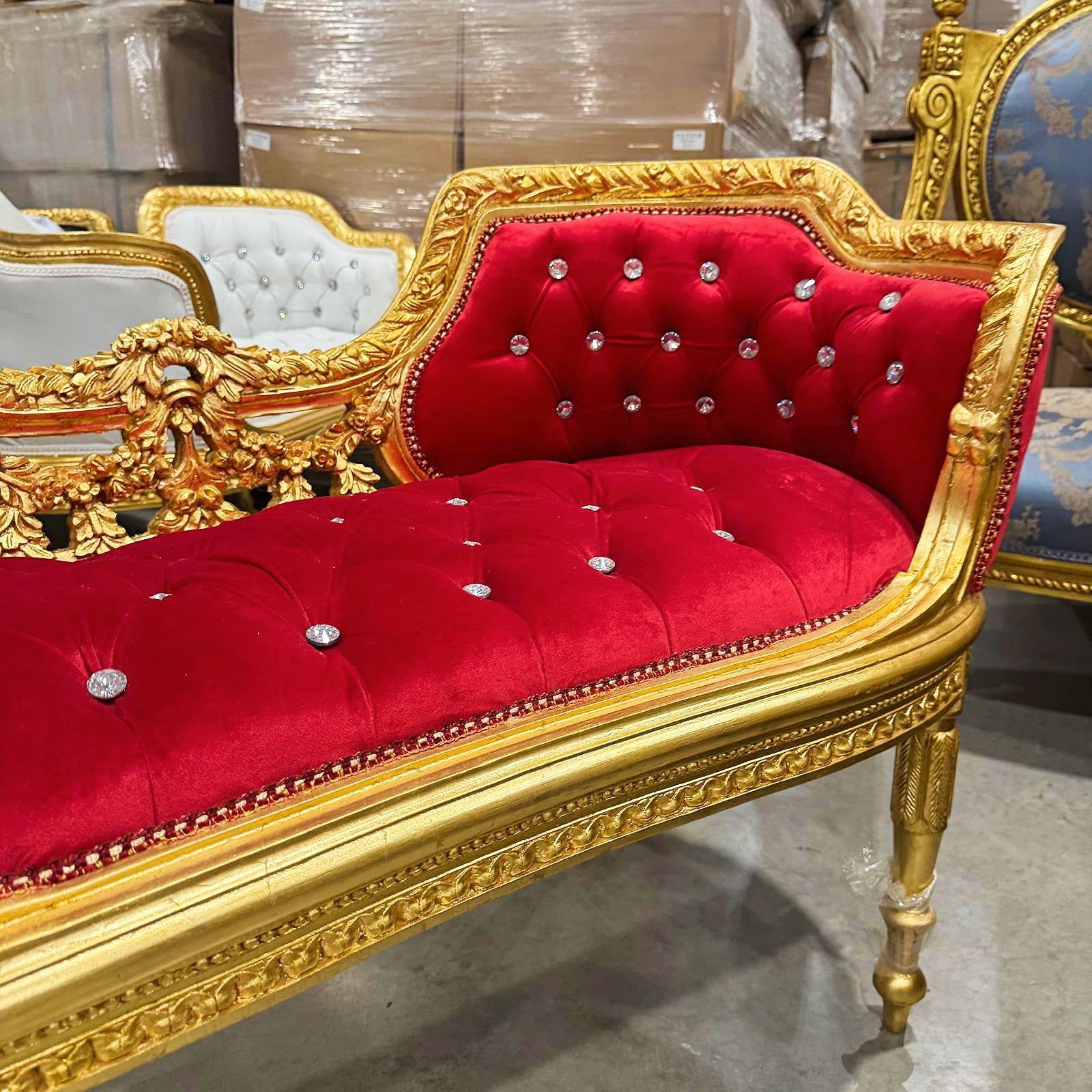 Tufted Bench Red Velvet French Style Gold Details Rococo Baroque Furniture