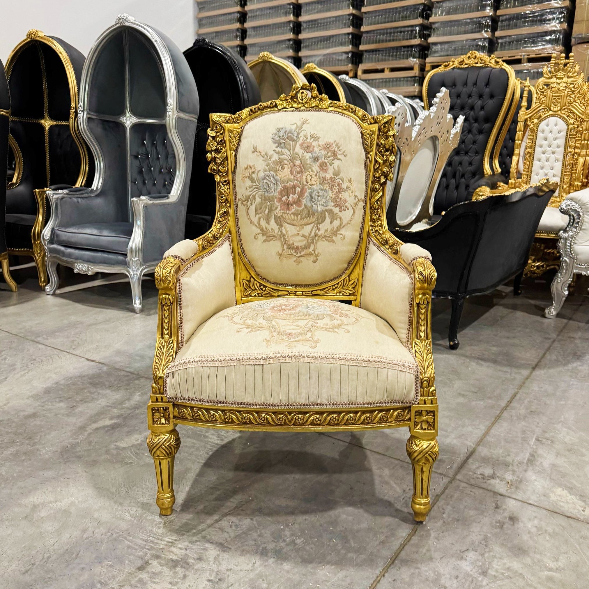 French Bergère Wingback Chair White Beige Upholstery Gold Trim Louis XV Style