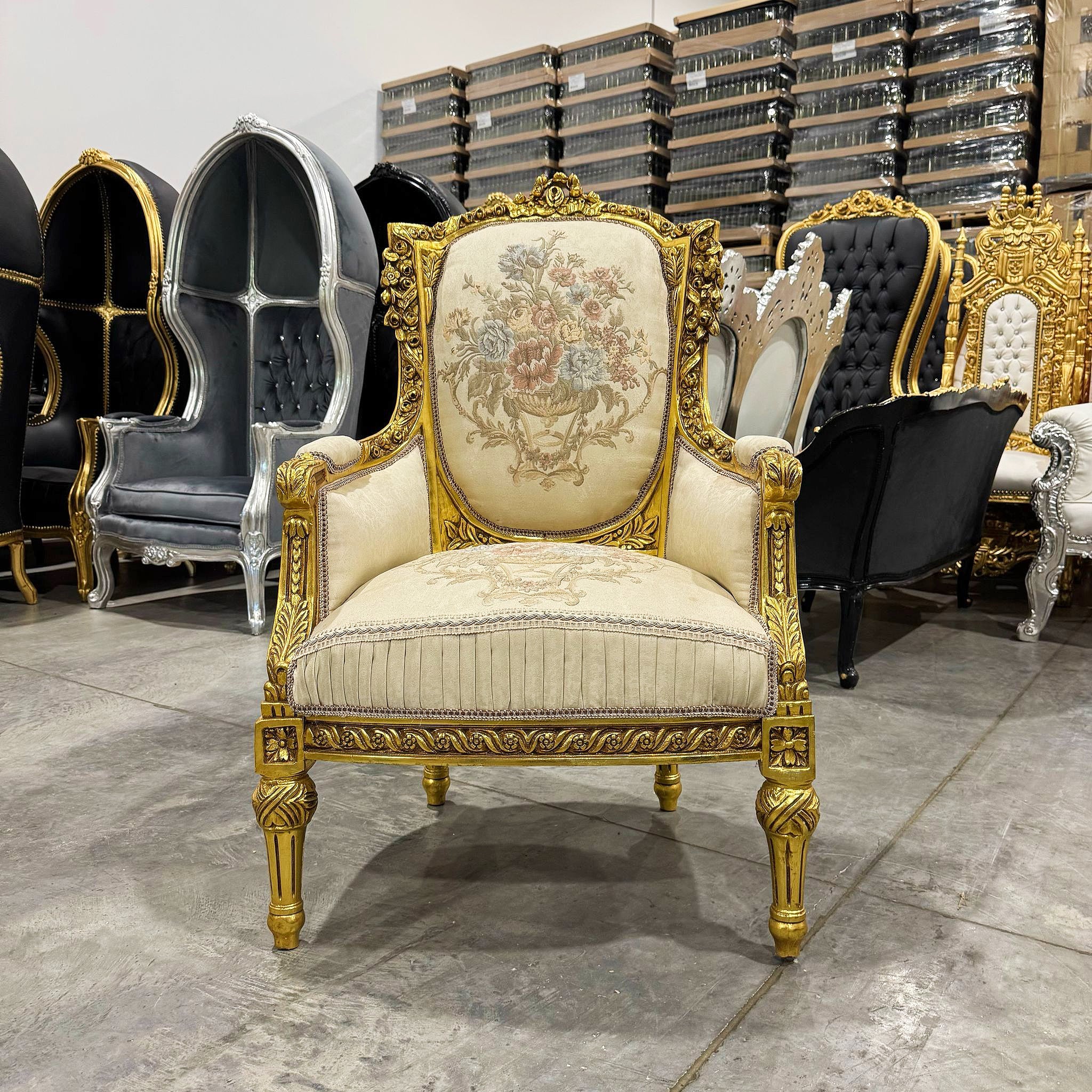 French Bergère Wingback Chair White Beige Upholstery Gold Trim Louis XV Style
