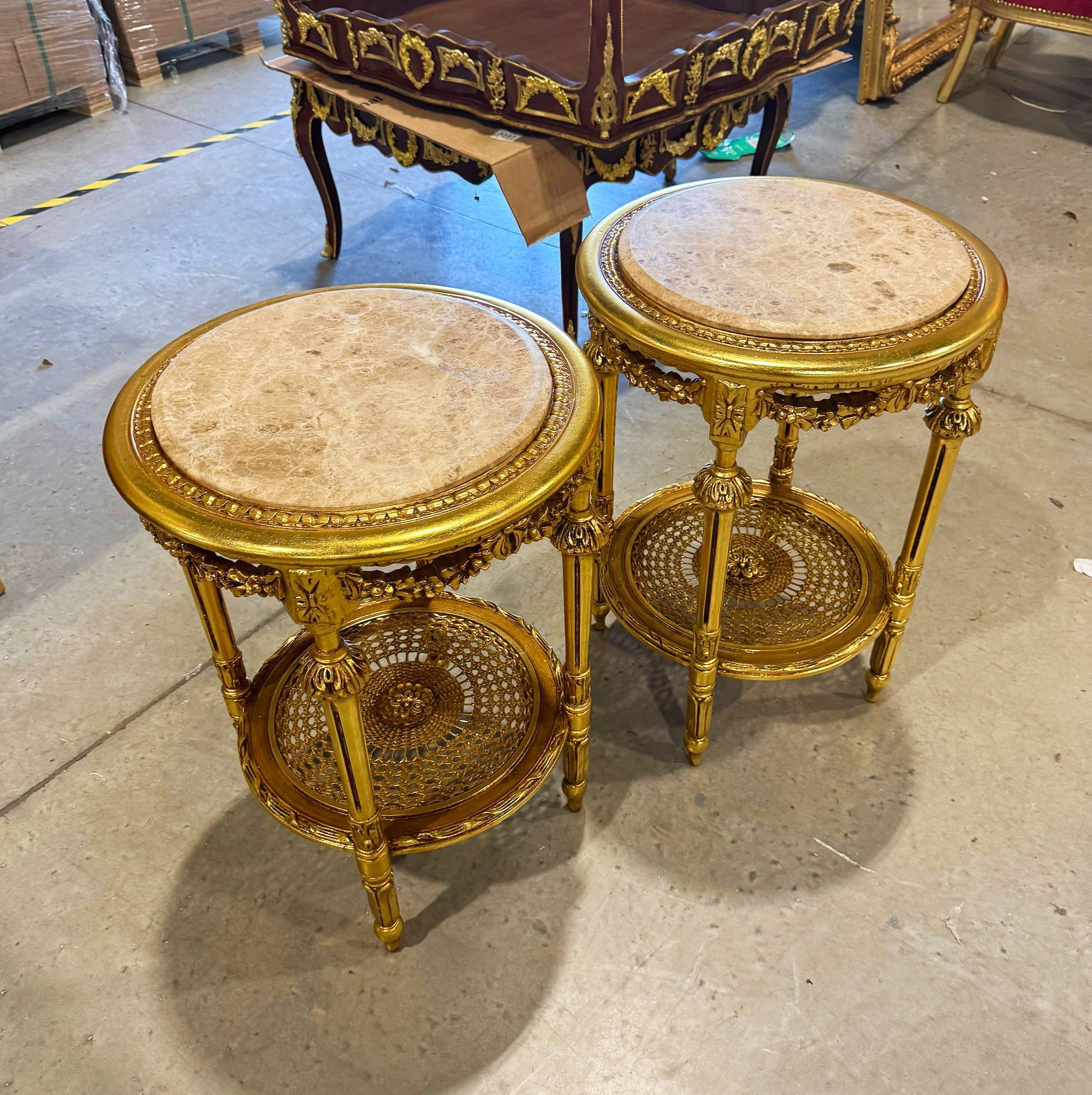 Side Table Beige Marble Topped French Style Gold Leaf Details Home Decor
