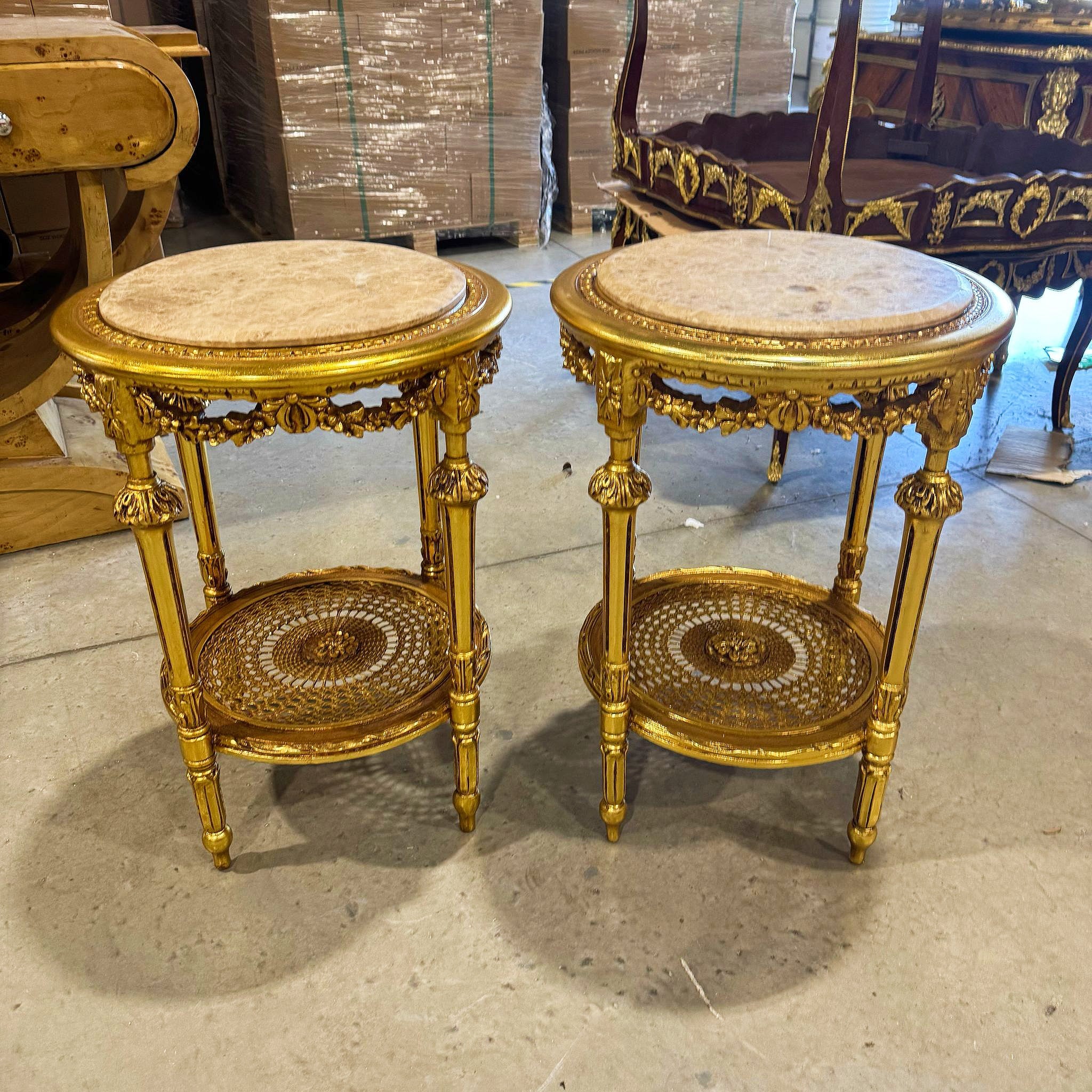 Side Table Beige Marble Topped French Style Gold Leaf Details Home Decor