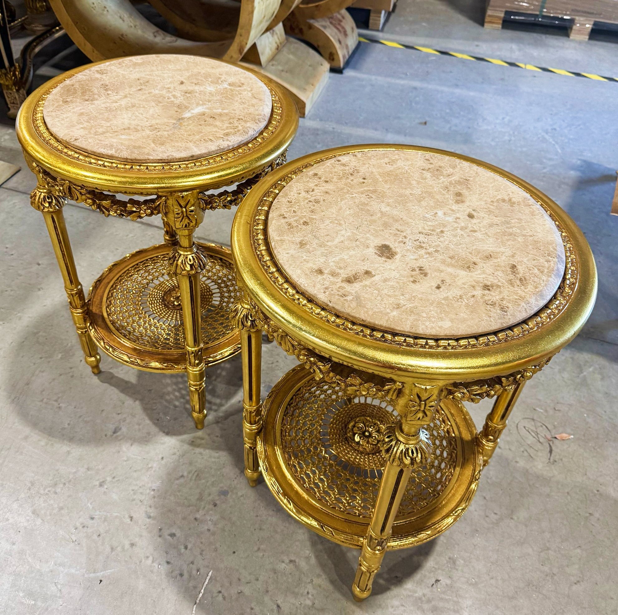 Side Table Beige Marble Topped French Style Gold Leaf Details Home Decor