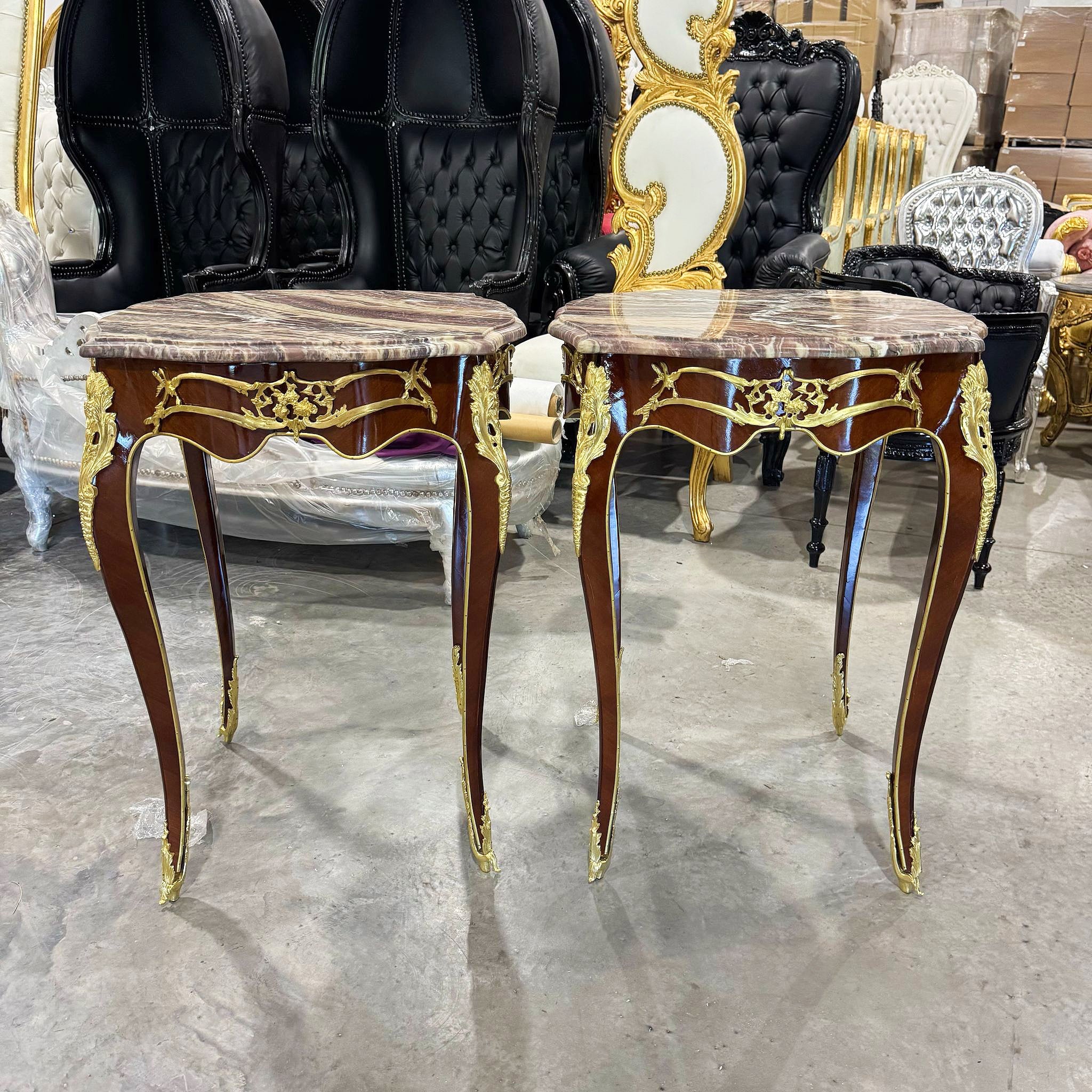 Side Table Marble Topped French Style Walnut Wood Louis XVI