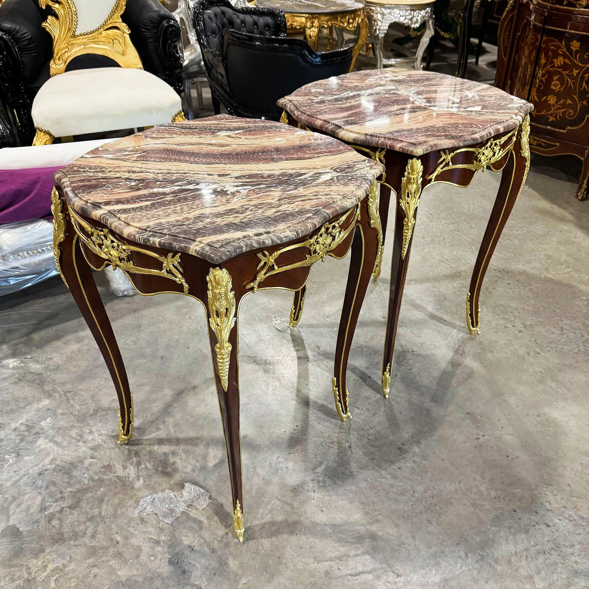 Side Table Marble Topped French Style Walnut Wood Louis XVI