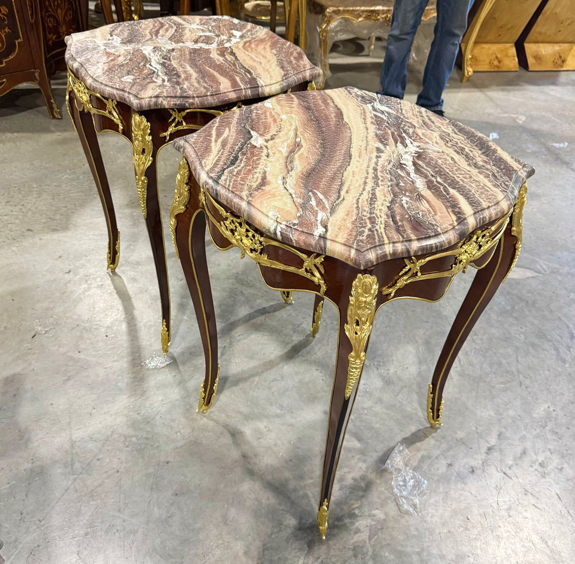Side Table Marble Topped French Style Walnut Wood Louis XVI