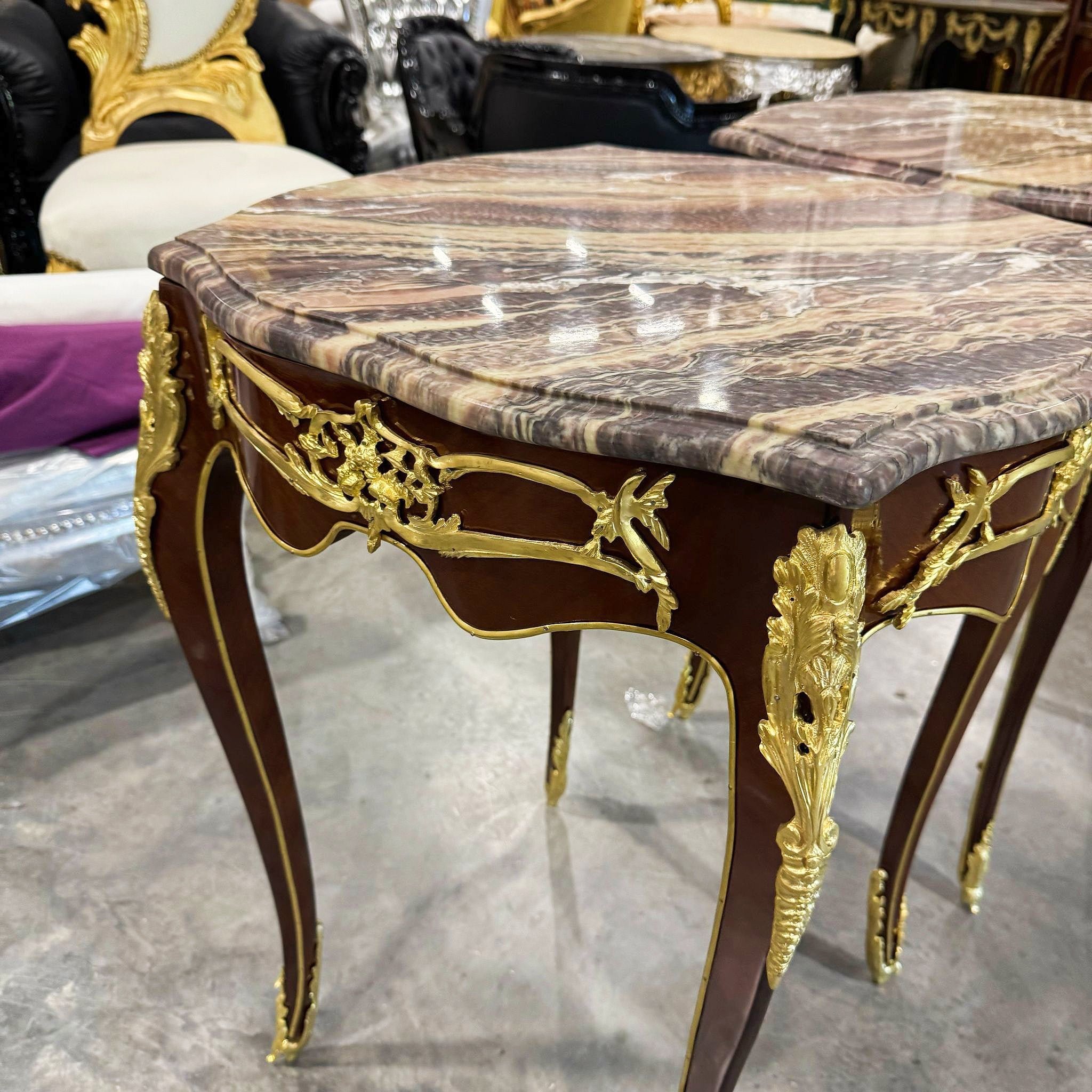 Side Table Marble Topped French Style Walnut Wood Louis XVI