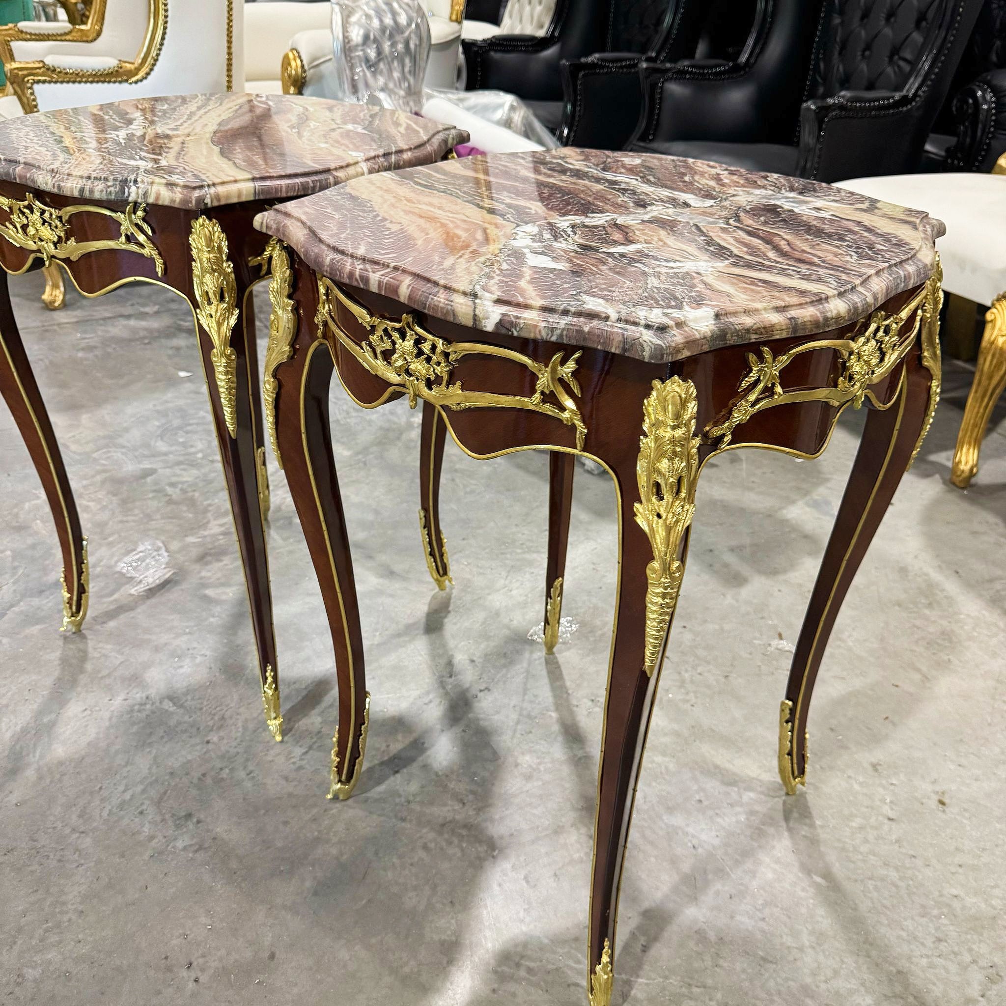 Side Table Marble Topped French Style Walnut Wood Louis XVI