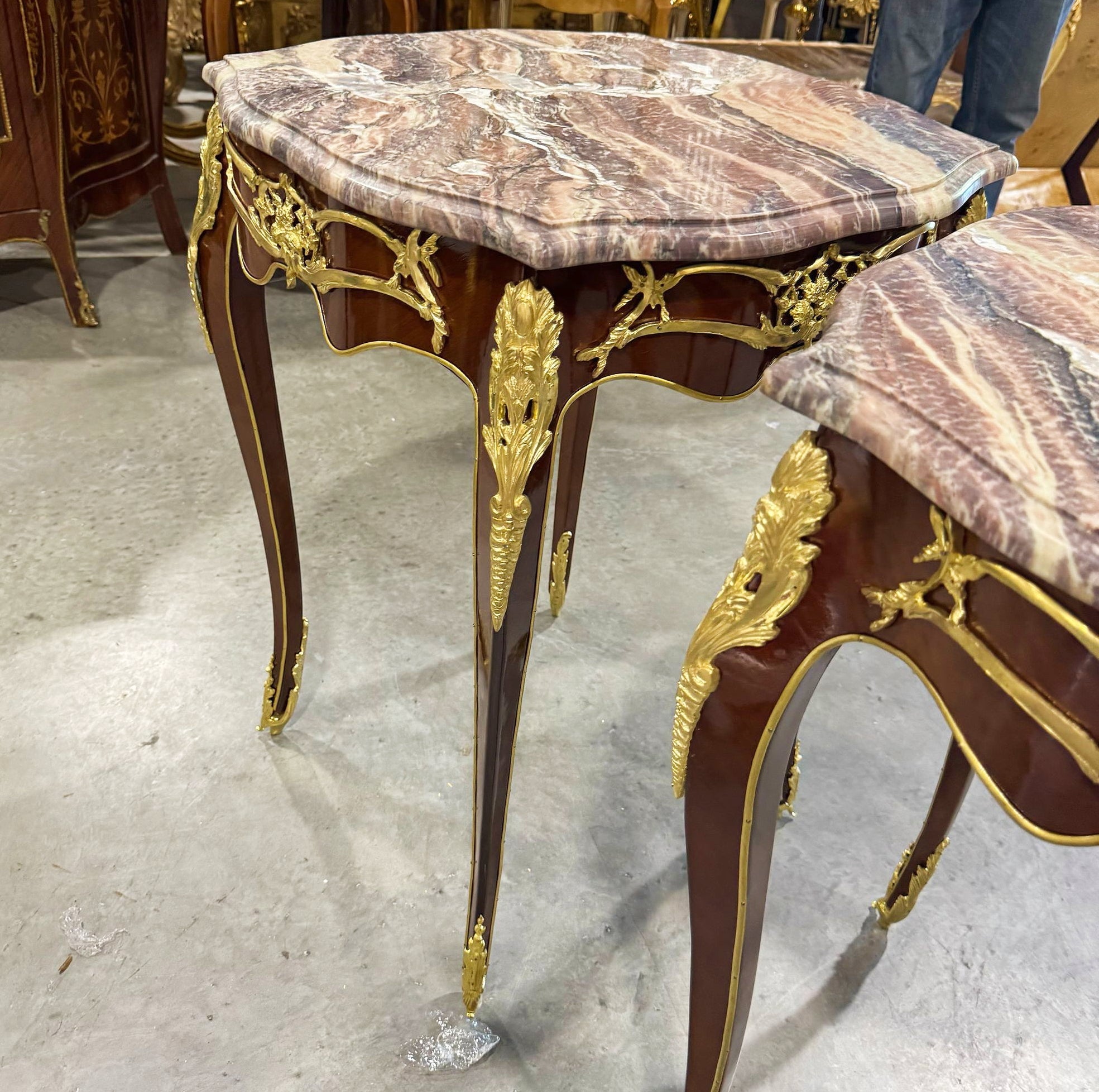 Side Table Marble Topped French Style Walnut Wood Louis XVI