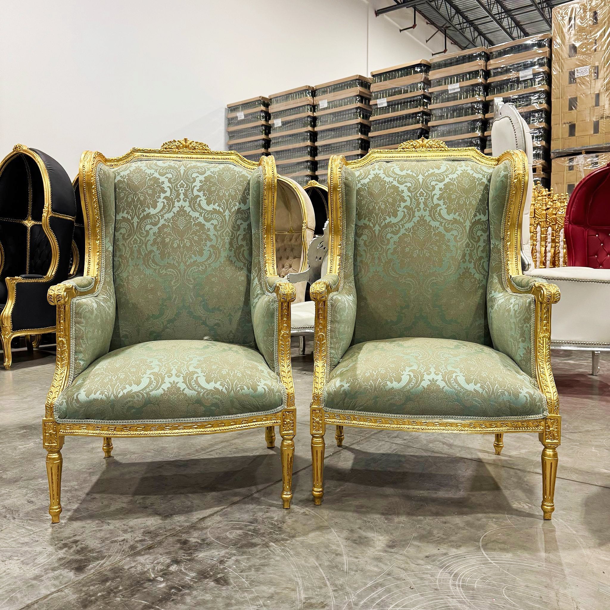 Green Bergere Wing Chair with Gold Details French Louis XV Style