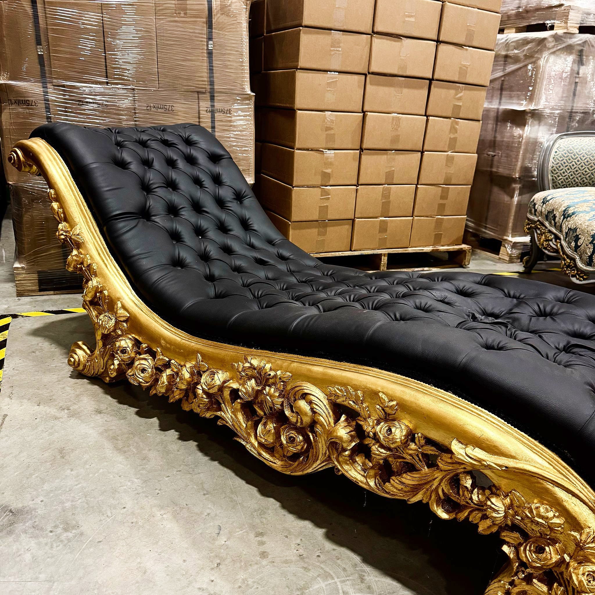 Chaise Lounge Leather Black Furniture Rococo Style Gold Details