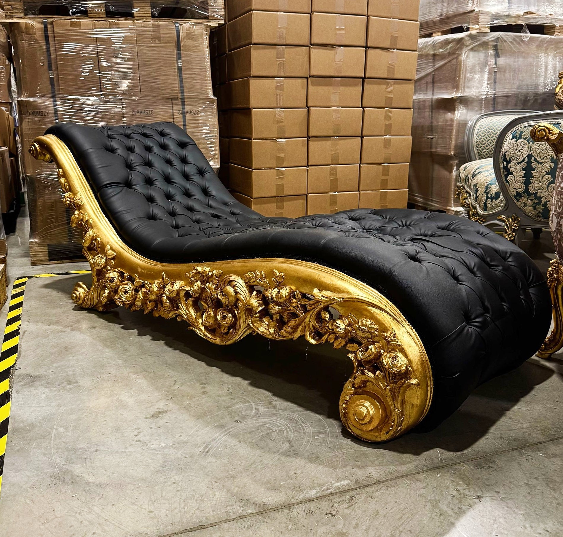 Chaise Lounge Leather Black Furniture Rococo Style Gold Details
