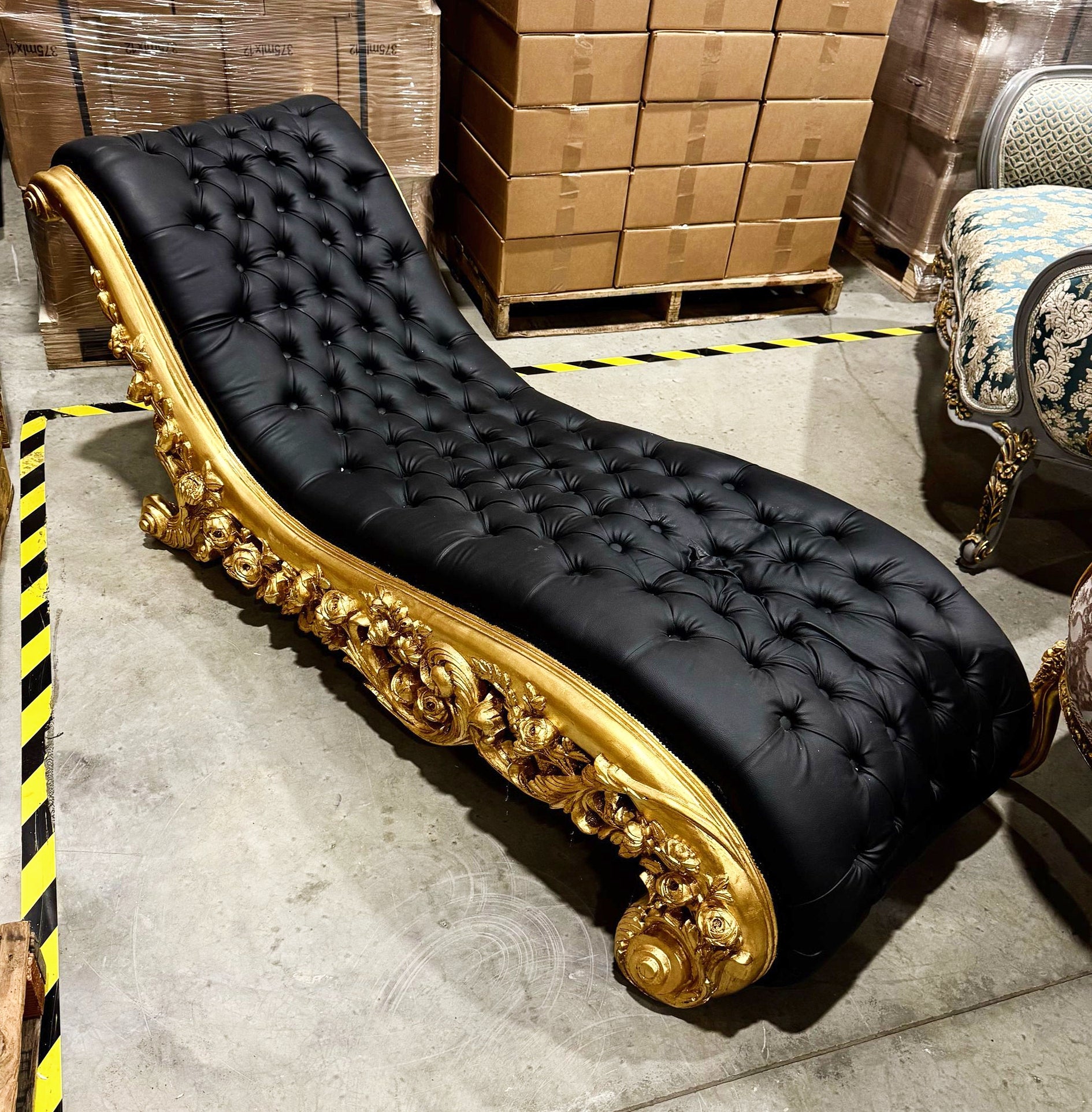 Chaise Lounge Leather Black Furniture Rococo Style Gold Details
