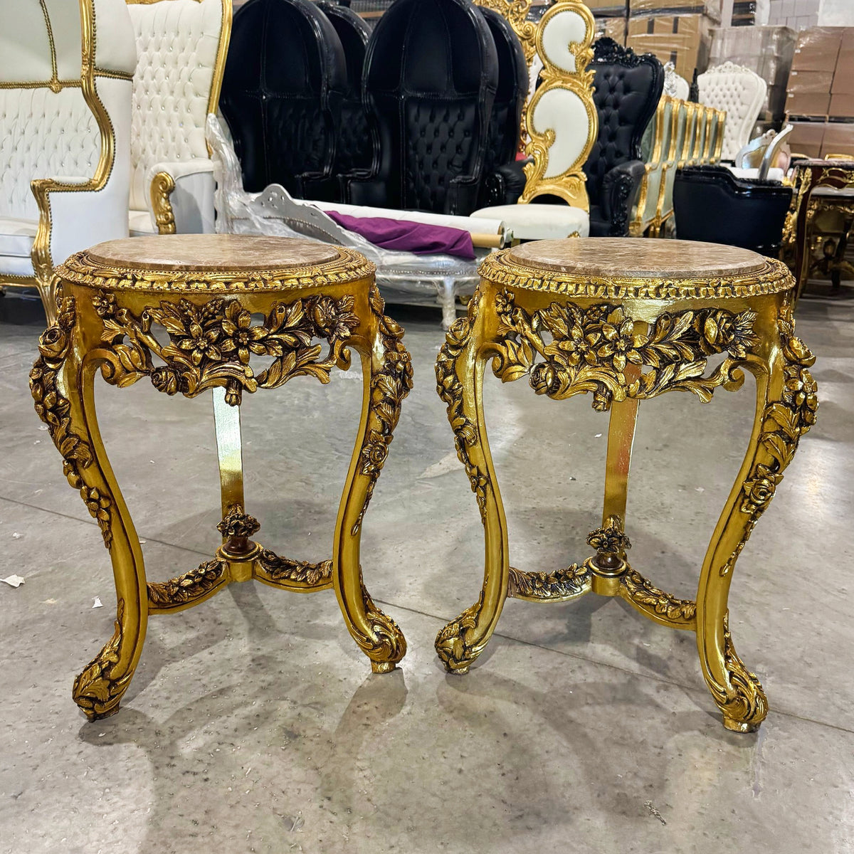 French-Style Gilded Side Table – Beige Marble Top with Gold Leaf Floral Details