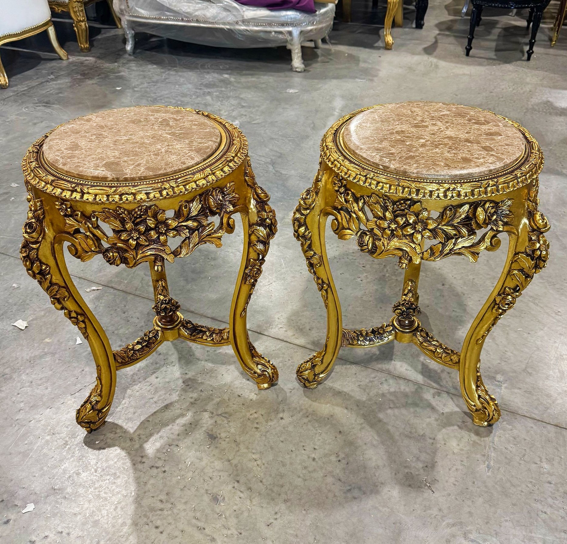 Italian Style Side Table Beige Marble Topped Gold Leaf Details Handcrafted