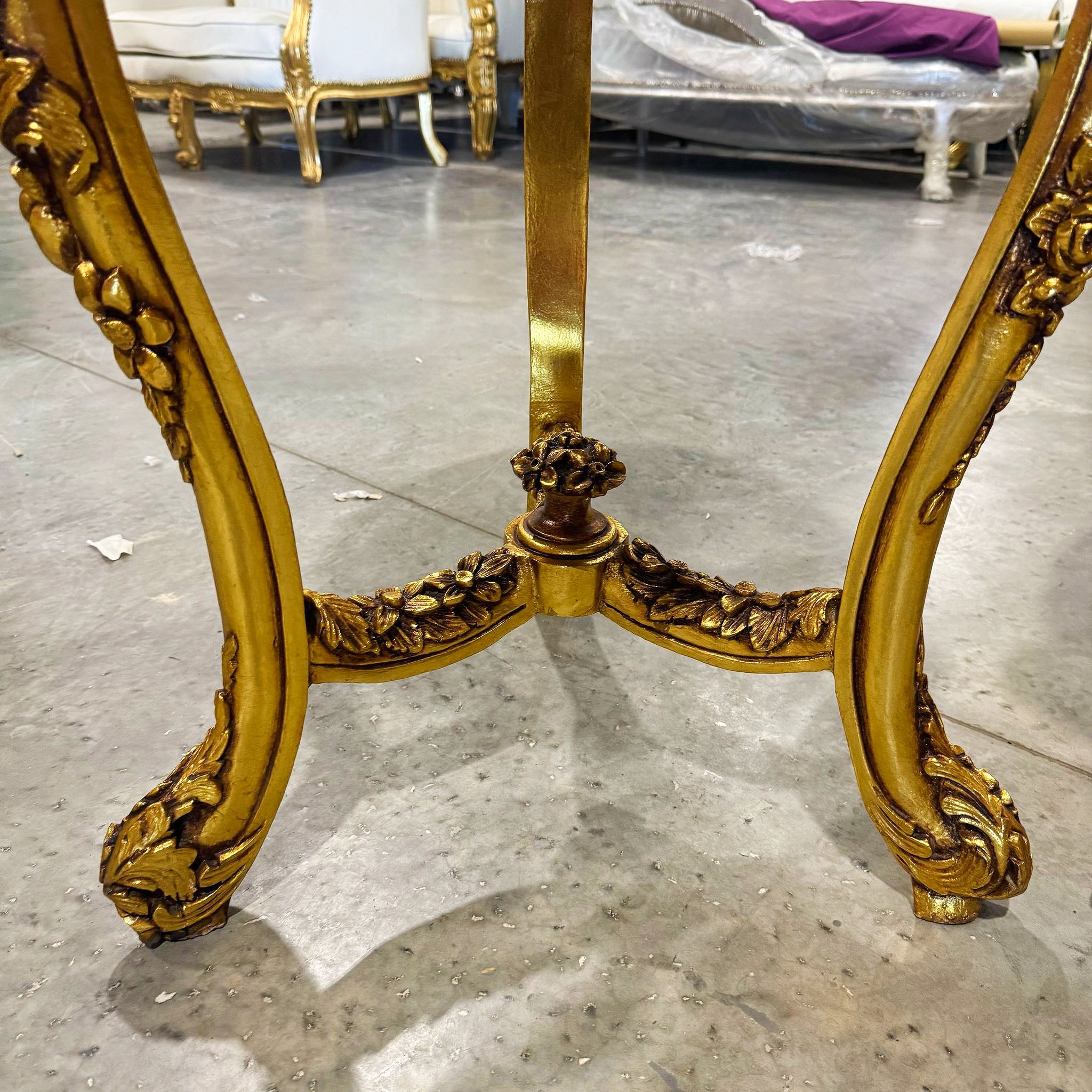 Italian Style Side Table Beige Marble Topped Gold Leaf Details Handcrafted