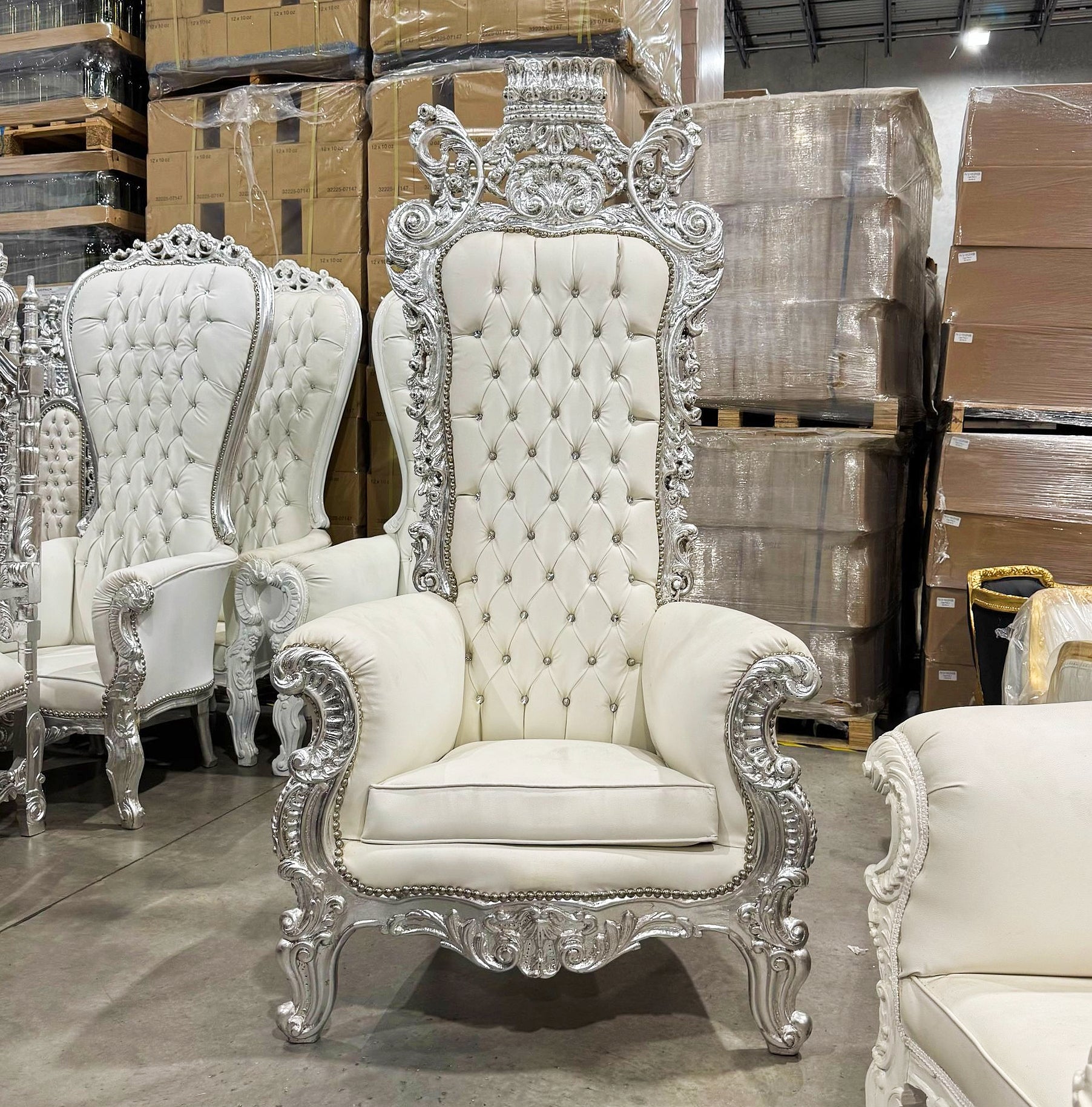White Throne Chair 77"H White Leather Chair *Only 1 available* French Style