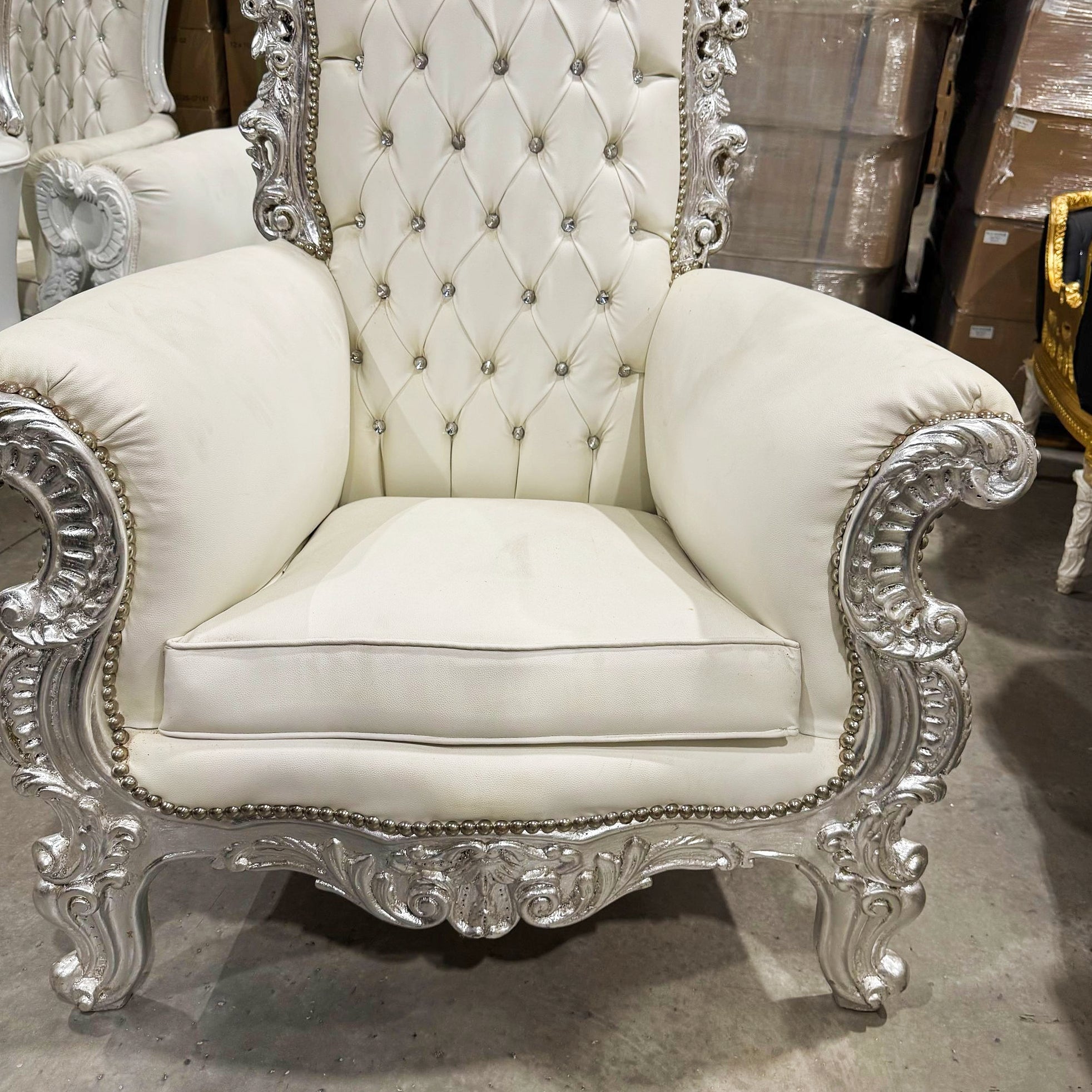 White Throne Chair 77"H White Leather Chair *Only 1 available* French Style