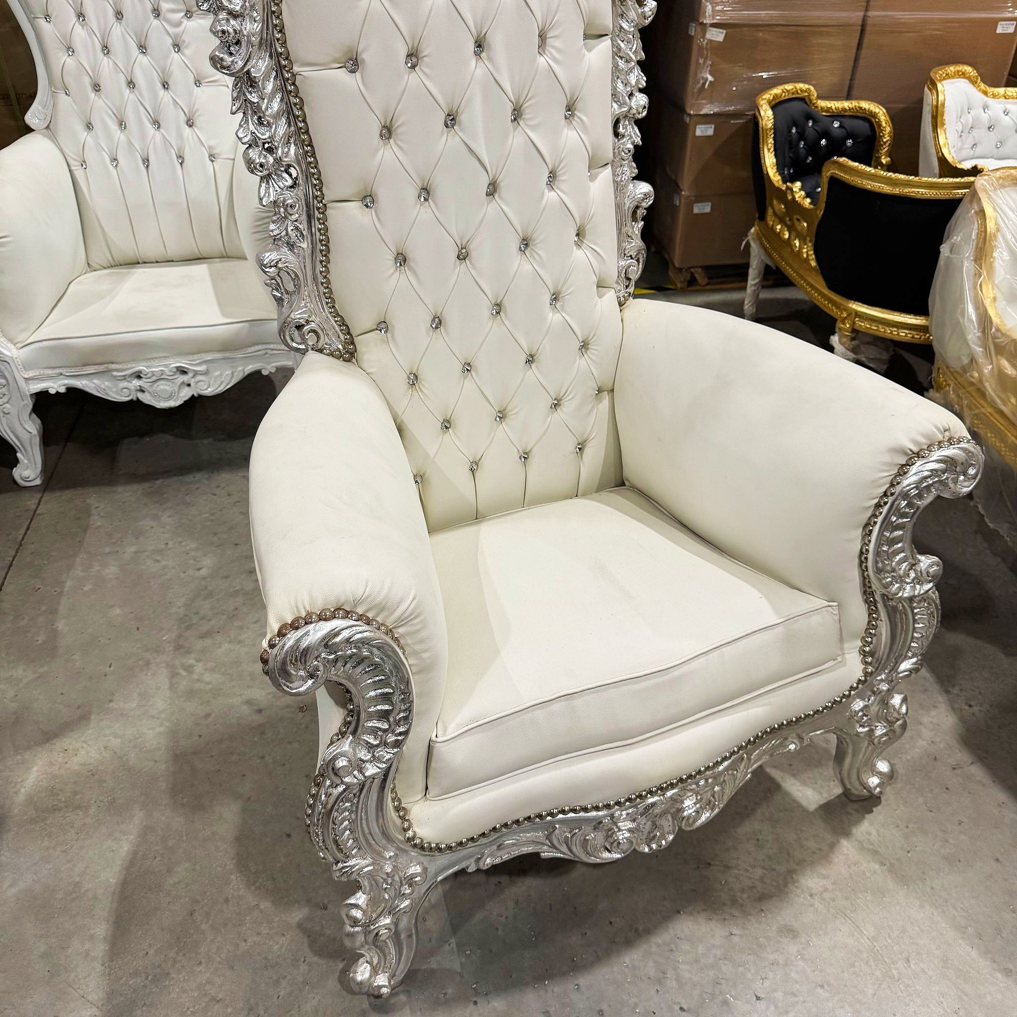 White Throne Chair 77"H White Leather Chair *Only 1 available* French Style