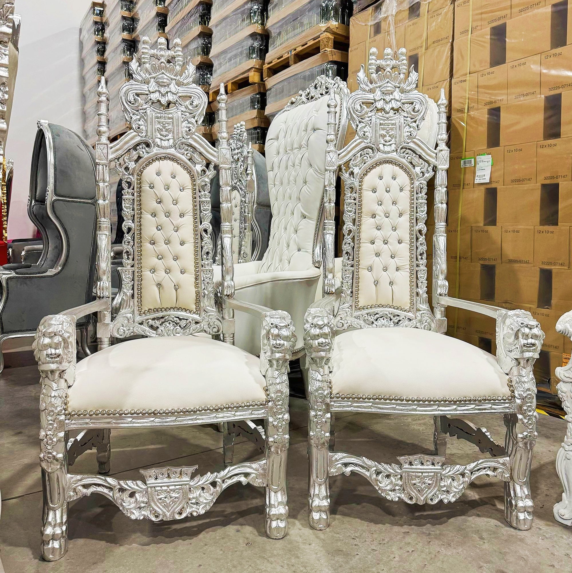 King Throne Chair with White Leather Silver Leaf Details French Medieval Style