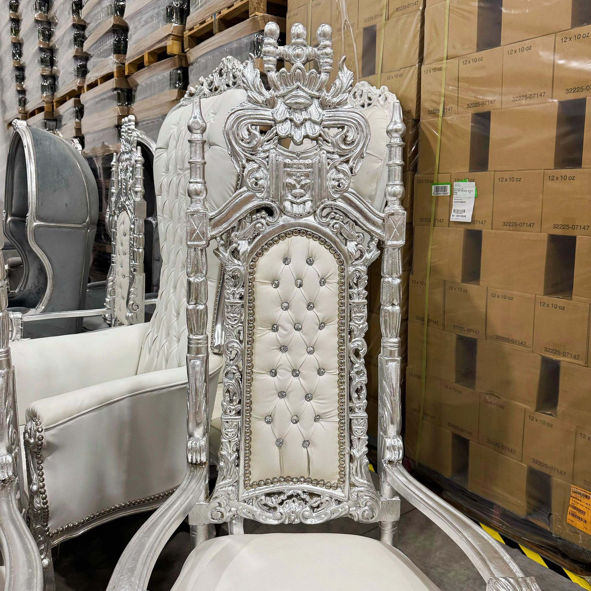 King Throne Chair with White Leather Silver Leaf Details French Medieval Style