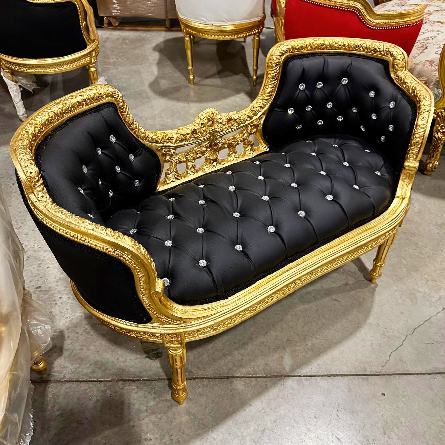 Tufted Bench Black French Style Gold Details Rococo Baroque Furniture