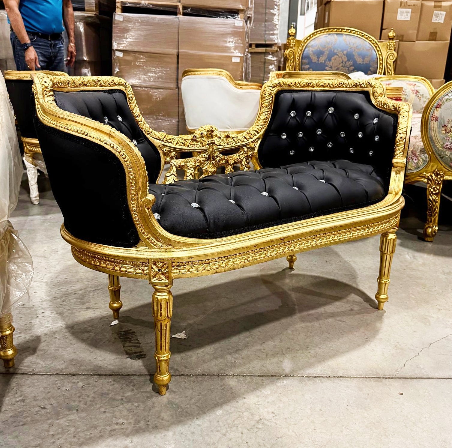 Tufted Bench Black French Style Gold Details Rococo Baroque Furniture