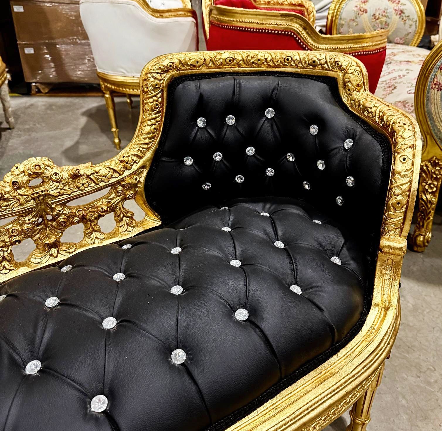 Tufted Bench Black French Style Gold Details Rococo Baroque Furniture