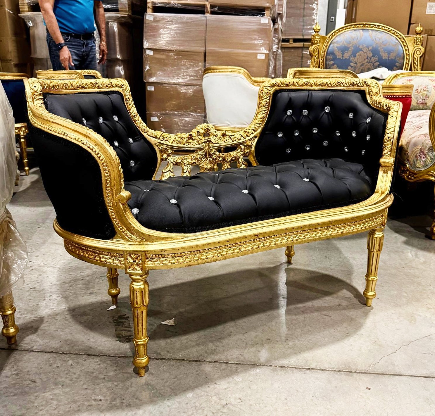 Tufted Bench Black French Style Gold Details Rococo Baroque Furniture
