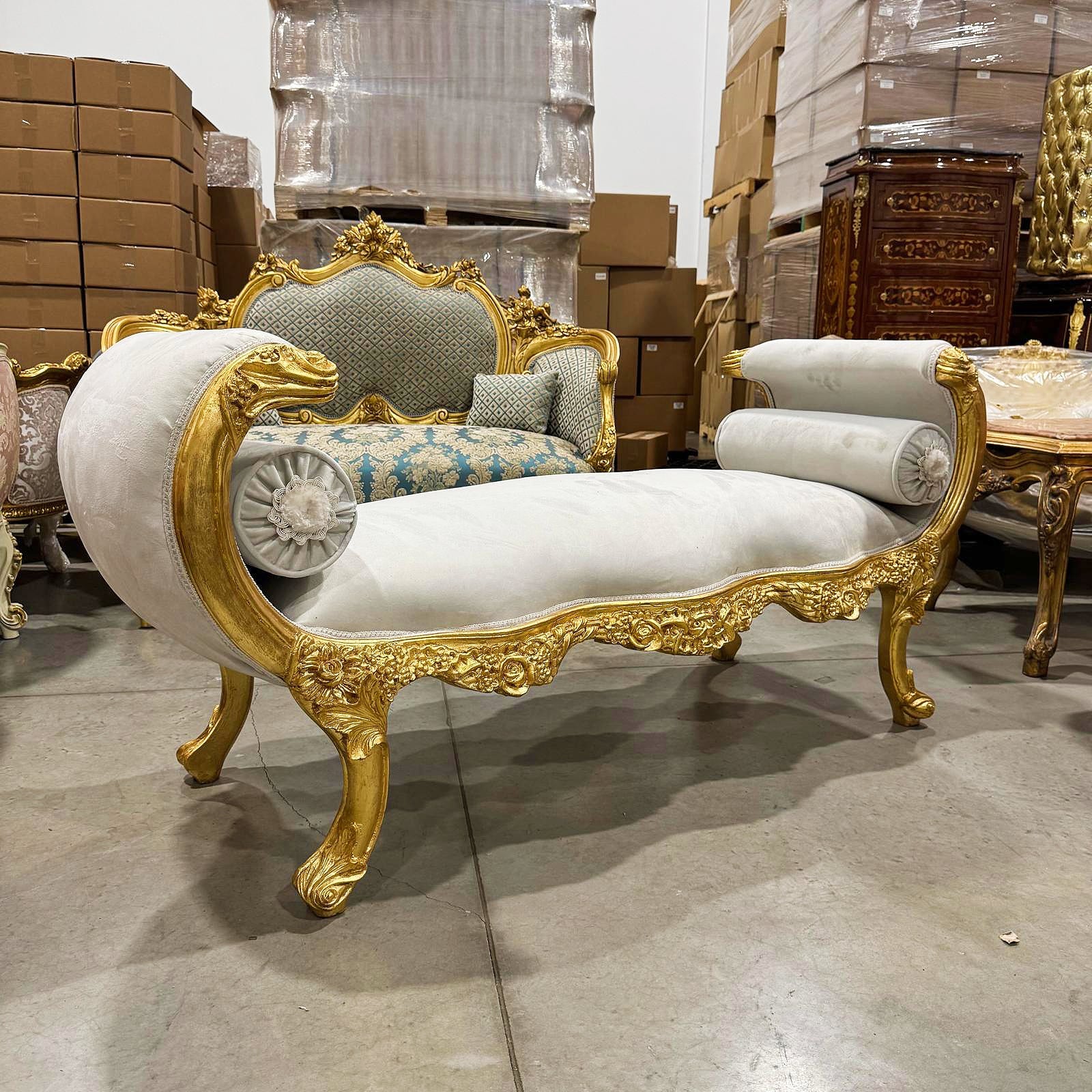 Baroque Style Light Gray Velvet Bench Interior Deisgn Furniture