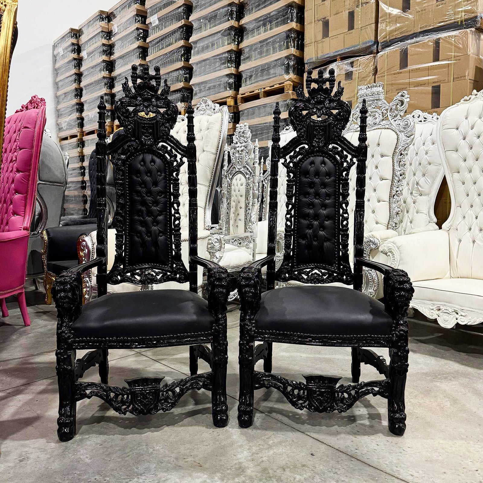 French Medieval Style Black King Throne Chair with Black Leather and Details