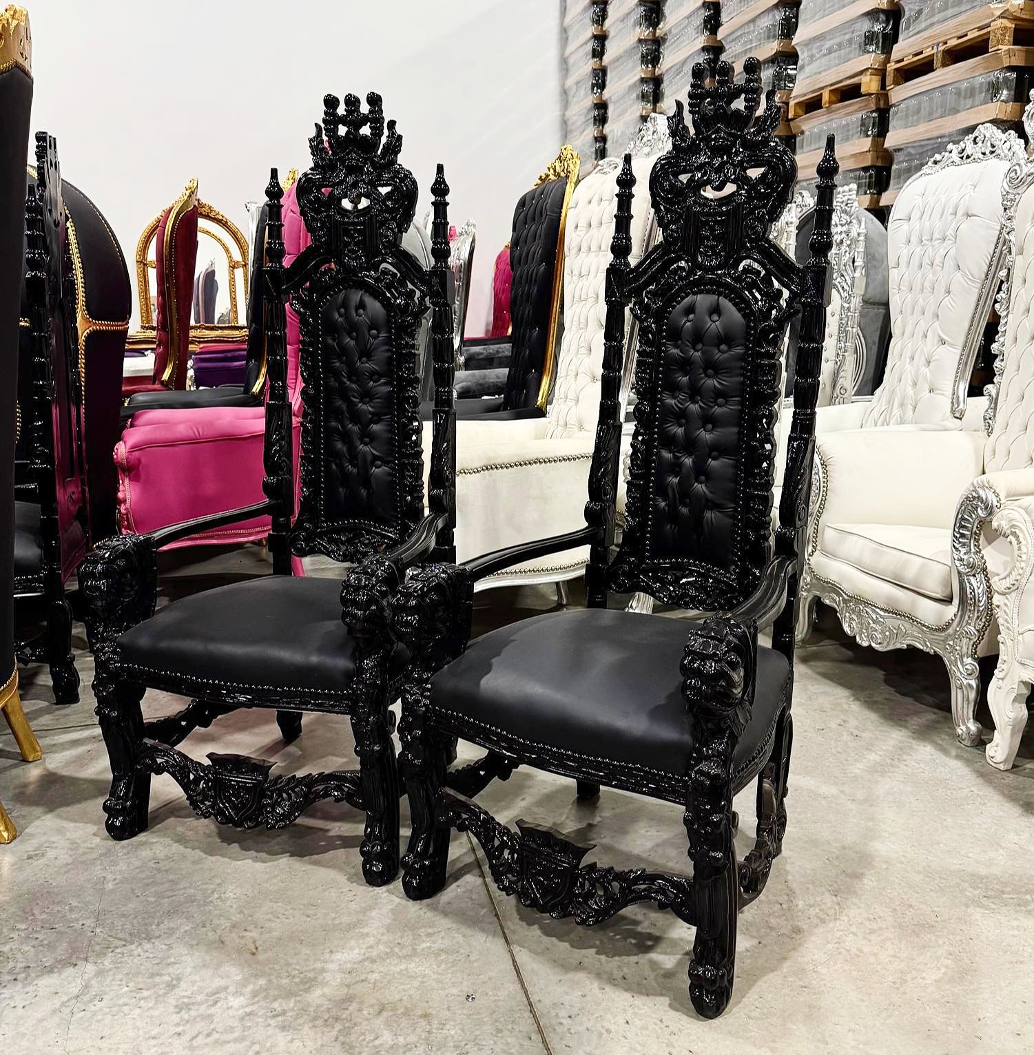 French Medieval Style Black King Throne Chair with Black Leather and Details