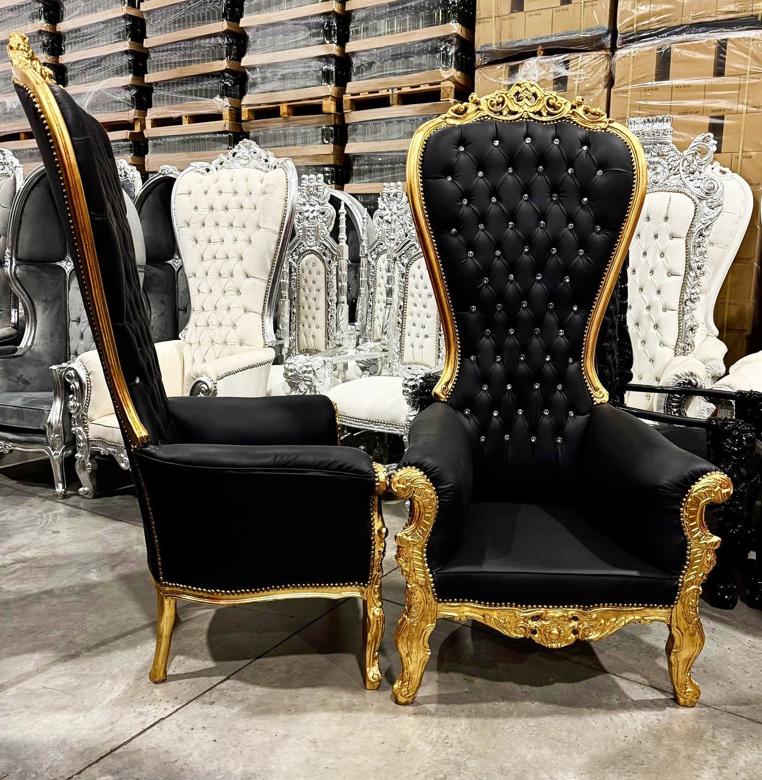 Throne Chair French Style Black Leather High-Back Tufted Gold Throne