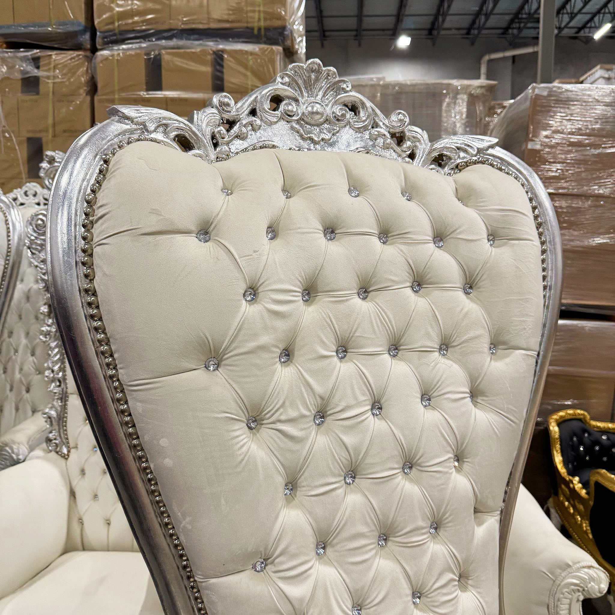 French Style Champagne Velvet Throne Chair – Silver Leaf High-Back Tufted Chair with Crystal Details