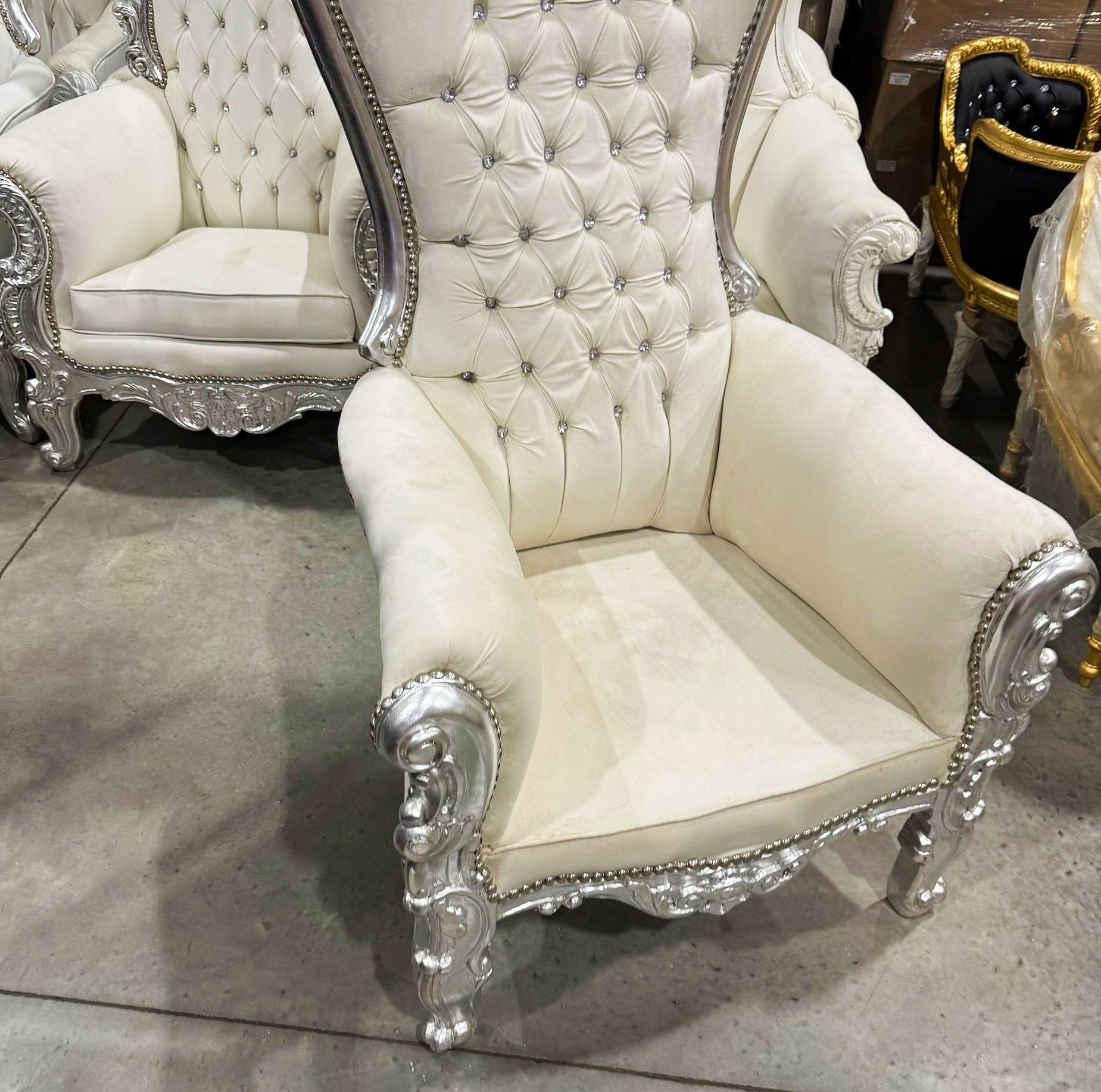 French Style Champagne Velvet Throne Chair – Silver Leaf High-Back Tufted Chair with Crystal Details