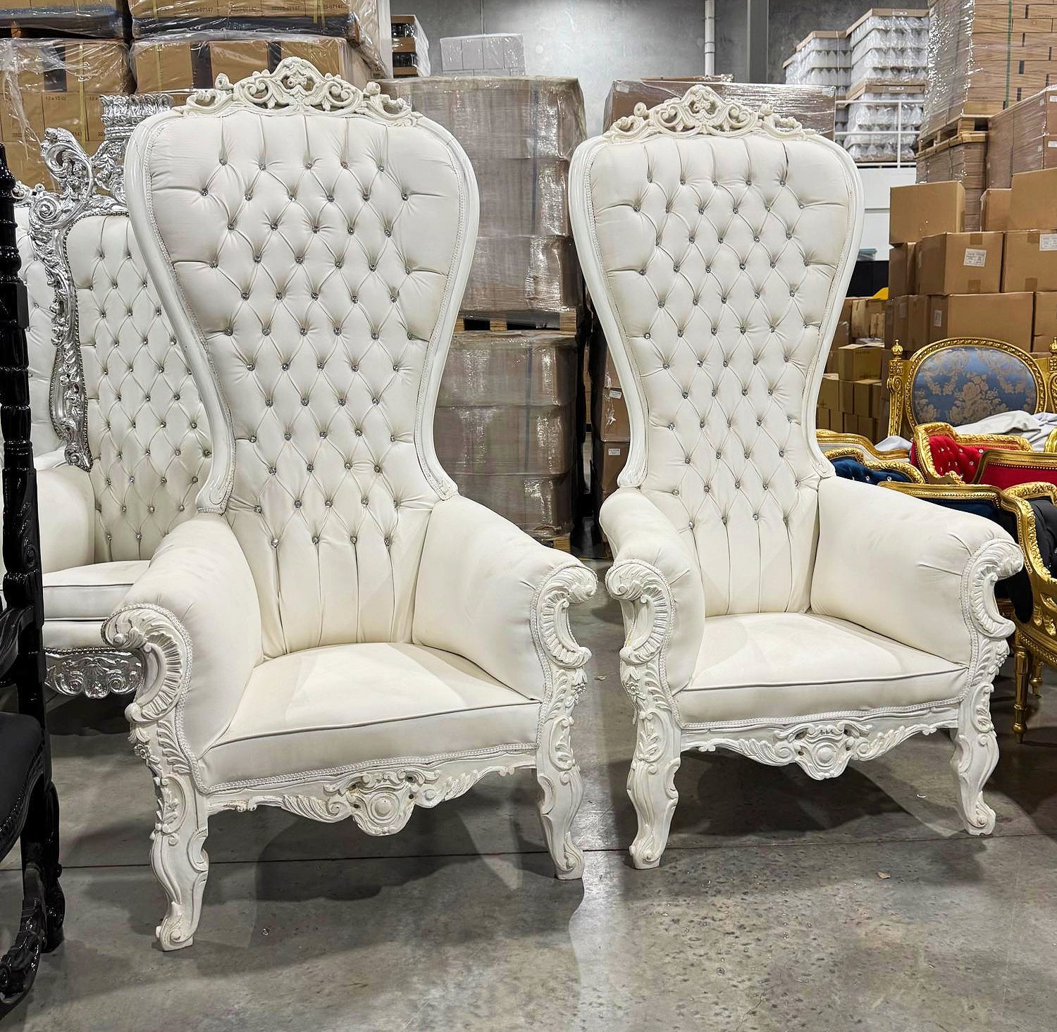 Throne Chair Set French Style White Leather High-Back Tufted