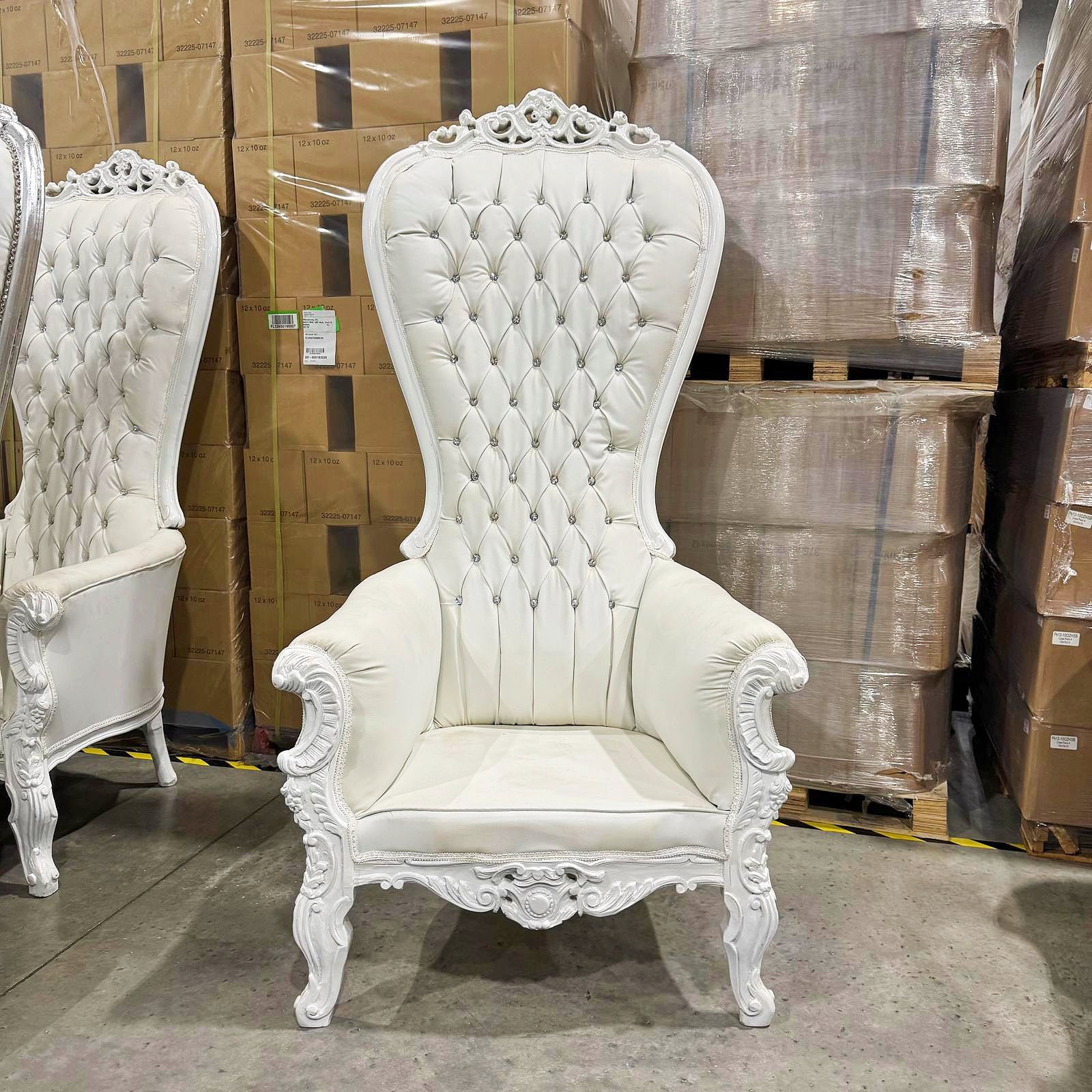 Throne Chair French Style White Leather High-Back Tufted Golden Throne