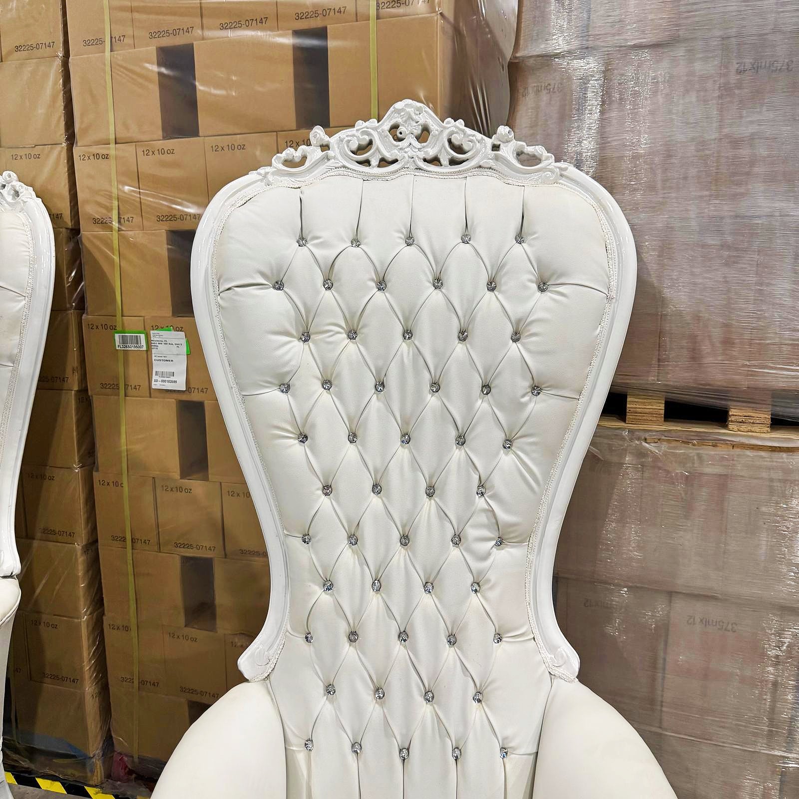 Throne Chair French Style White Leather High-Back Tufted Golden Throne